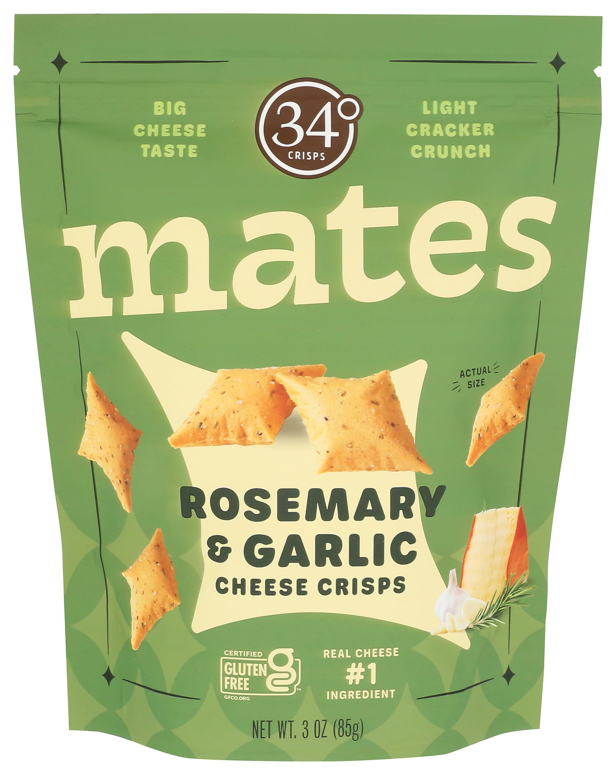 34 Degrees, Crisps Cheese Rosemary Garlic, 3 Ounce