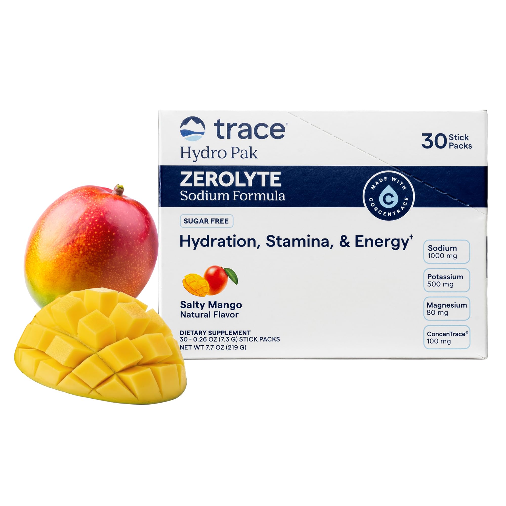 Trace Minerals ZeroLyte Electrolyte Mix, Salty Mango, 30 Packets | Zero sugar, ancient sea salt + coconut water, supports hydration, replenishes electrolytes, sodium + potassium + magnesium