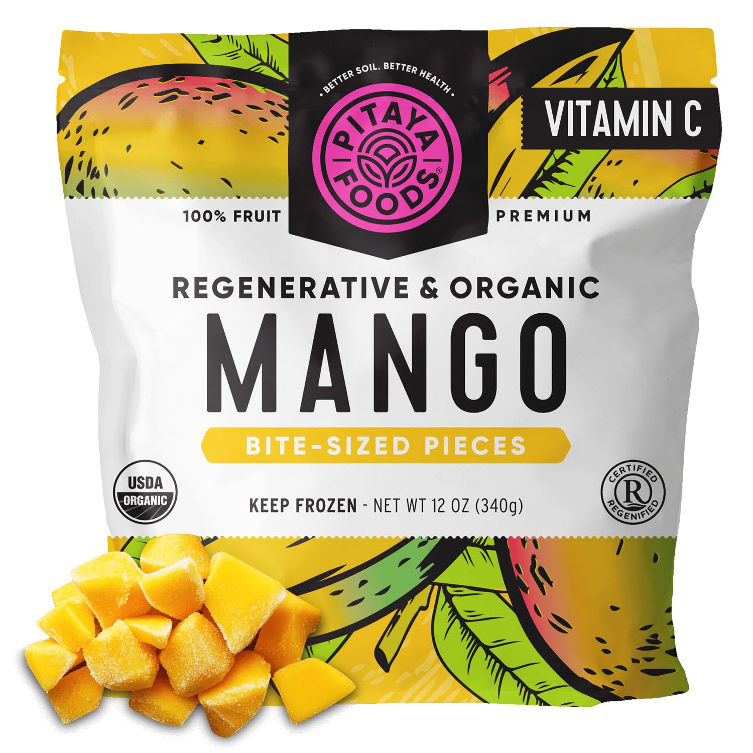Pitaya Foods® Regenerative Organic Mango Bite-Sized Pieces, Pre-Packaged Frozen Fruit, No Added Sugar or Preservatives, Containing Fiber, Vitamin A & E, High in Vitamin C and Packed with Antioxidants, 100% Fruit, Non-GMO (12 oz Per Bag)
