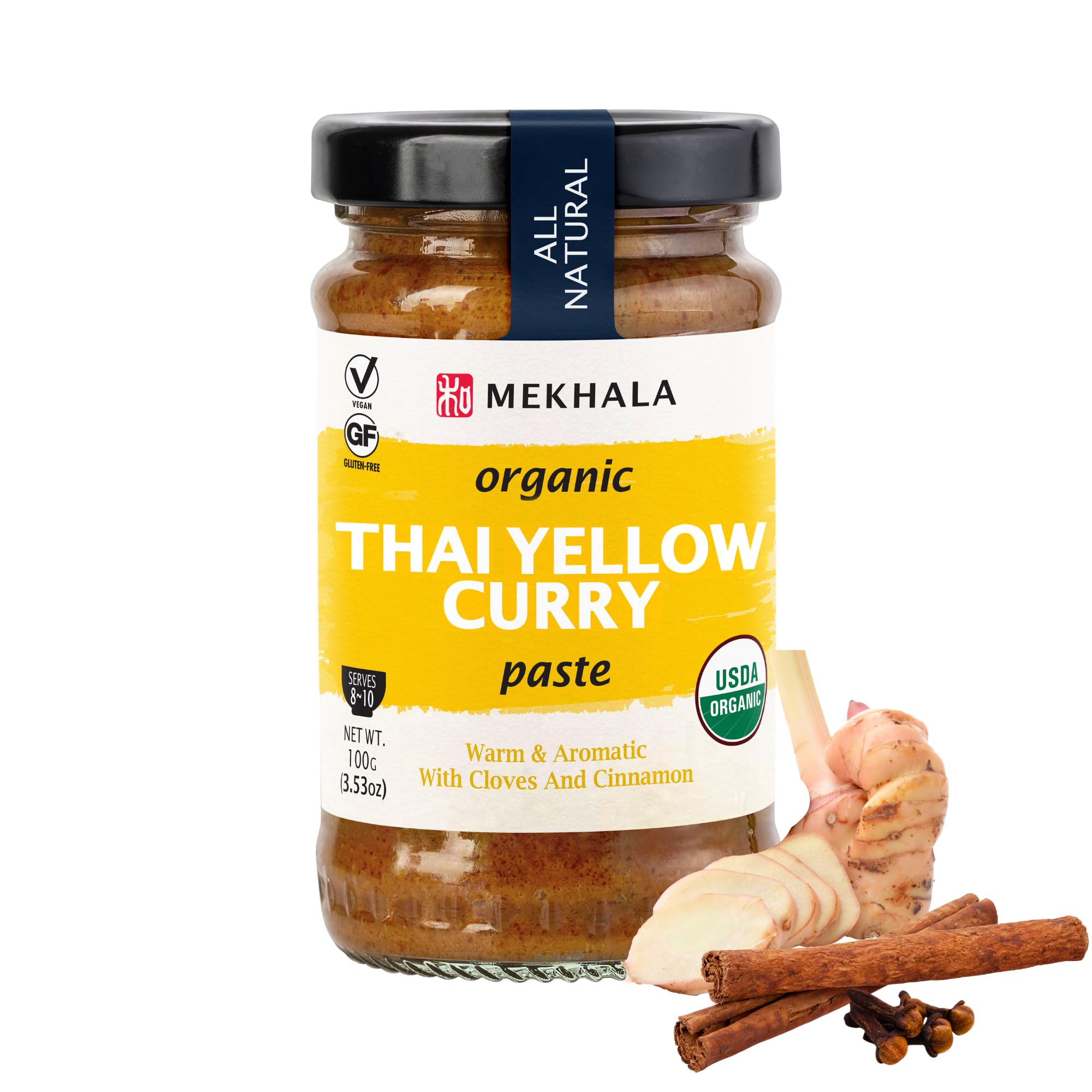 Mekhala Organic Thai Yellow Curry Paste, 3.53oz | Mekhala Organic Thai Yellow Curry Paste. VEGAN. GLUTEN-FREE. NO ADDED SUGAR. Versatile. Mild Heat (3.53oz)