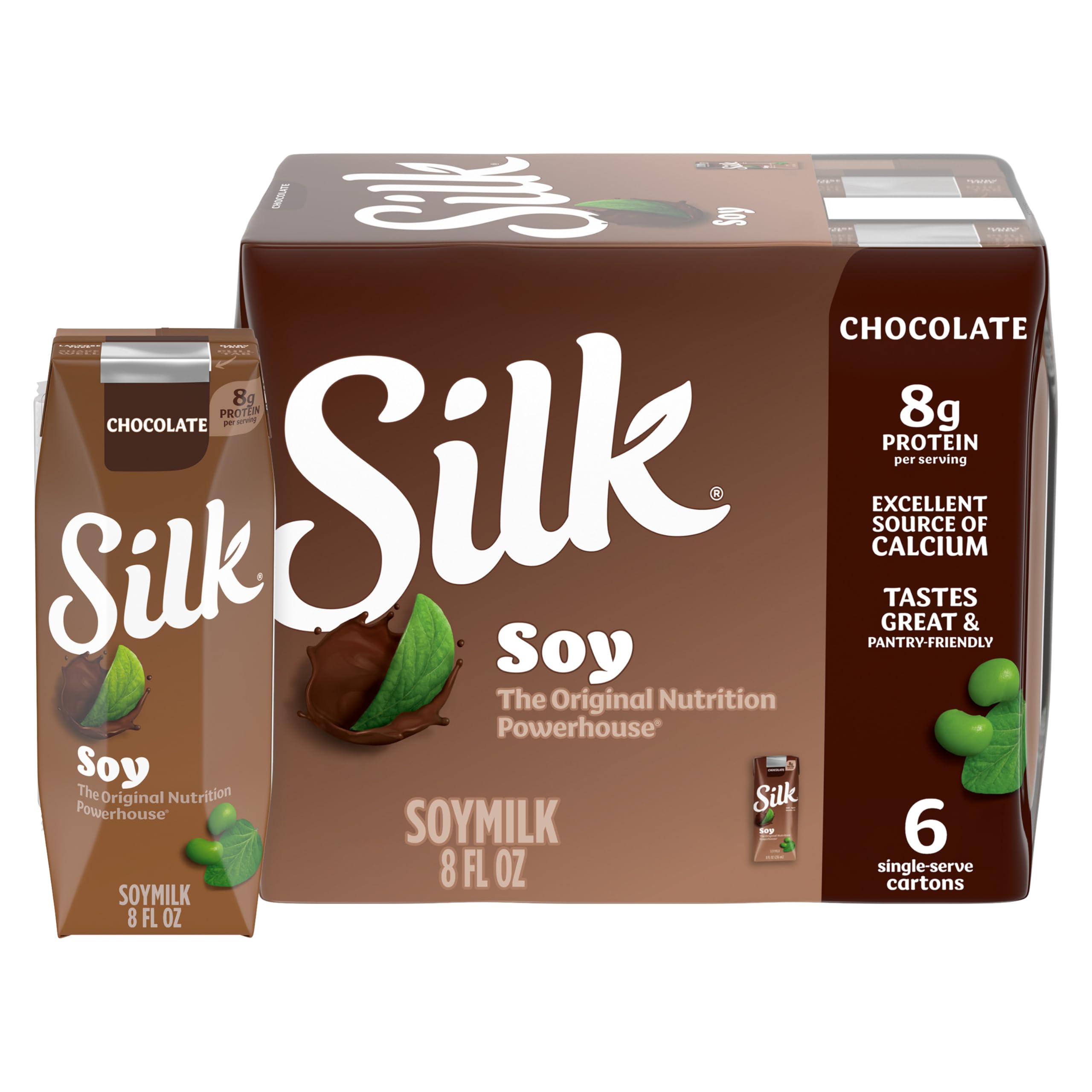 Silk Plant Based Shelf-Stable Soy Milk, Chocolate, 8 fl oz, 6 Count | Dairy-Free, Lactose-Free, Vegan Shelf-Stable Soy Milk, 8g Protein, Chocolate Flavor, Add to Lunchboxes or Enjoy On-The-Go