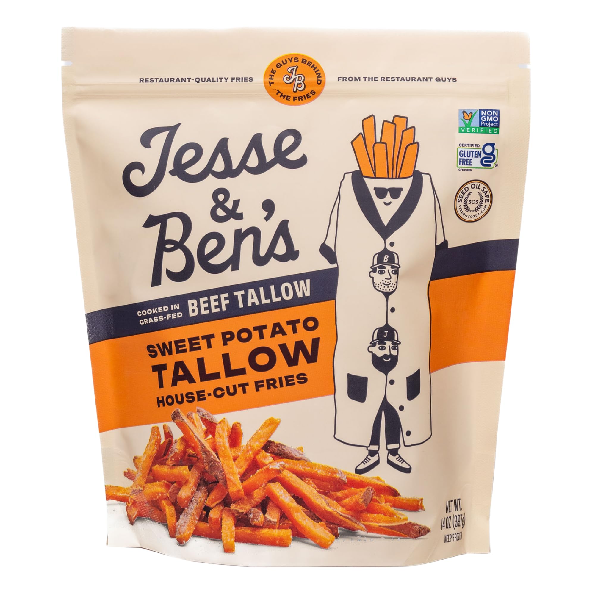 Jesse & Ben's Grass-Fed Beef Tallow Sweet Potato House-Cut Fries, 14 oz | Gluten-Free, Non-GMO Frozen Potatoes, Simple Snack with No Seed Oils for a Crispy Treat with 3 Ingredients