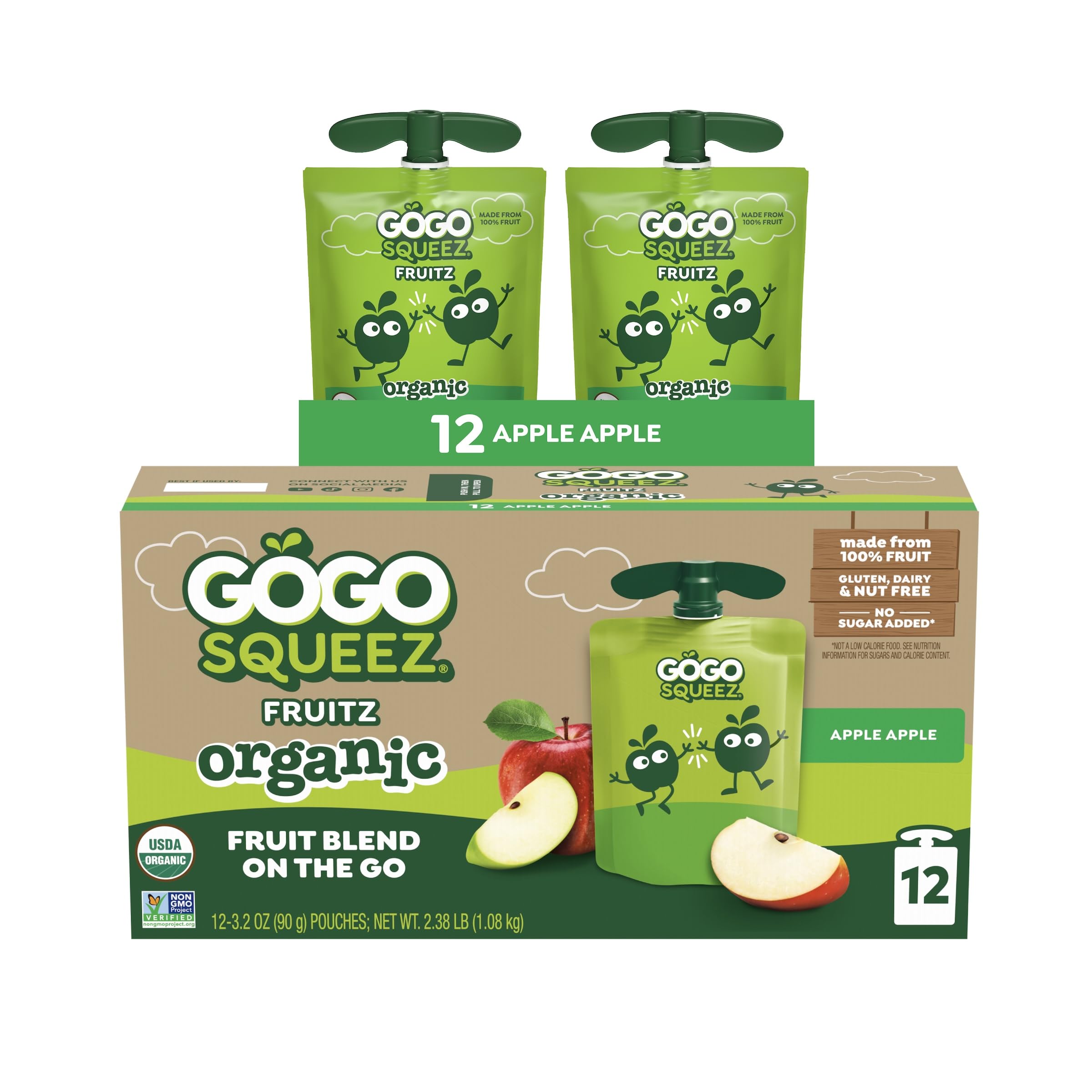 GoGo squeeZ No Sugar Added Organic Applesauce, Apple Apple, 12 Count | Kids On The Go Fruit Snack with Applesauce & Puree; 3.2 Oz Pouches, Gluten and Nut Free, Recloseable Cap, BPA-Free