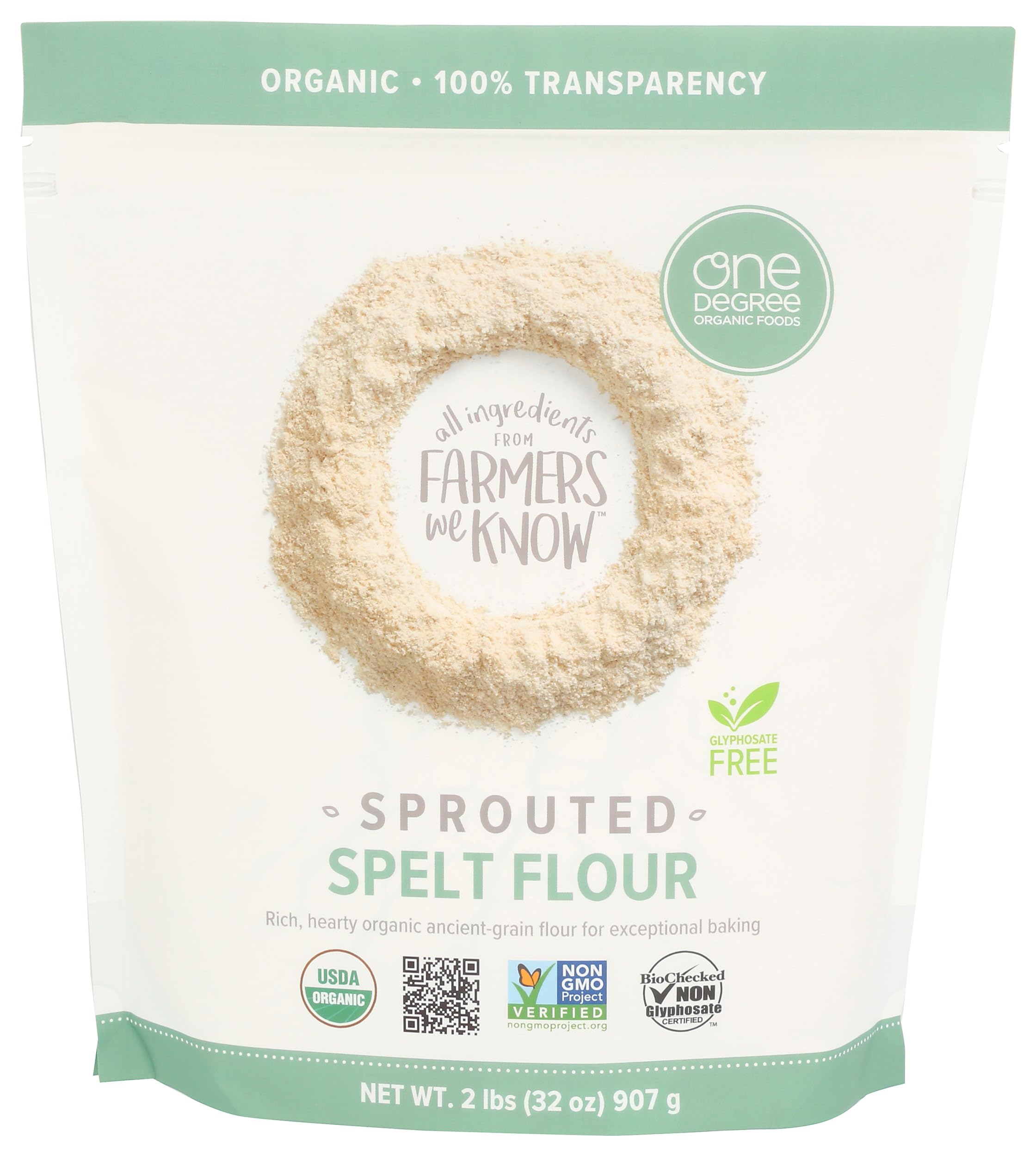 One Degree Organics Sprouted Spelt Flour, 32oz | Ancient Grain Baking Flour, Glyphosate-Free, USDA Organic, Non-GMO, Vegan, Kosher, White Flour Alternative