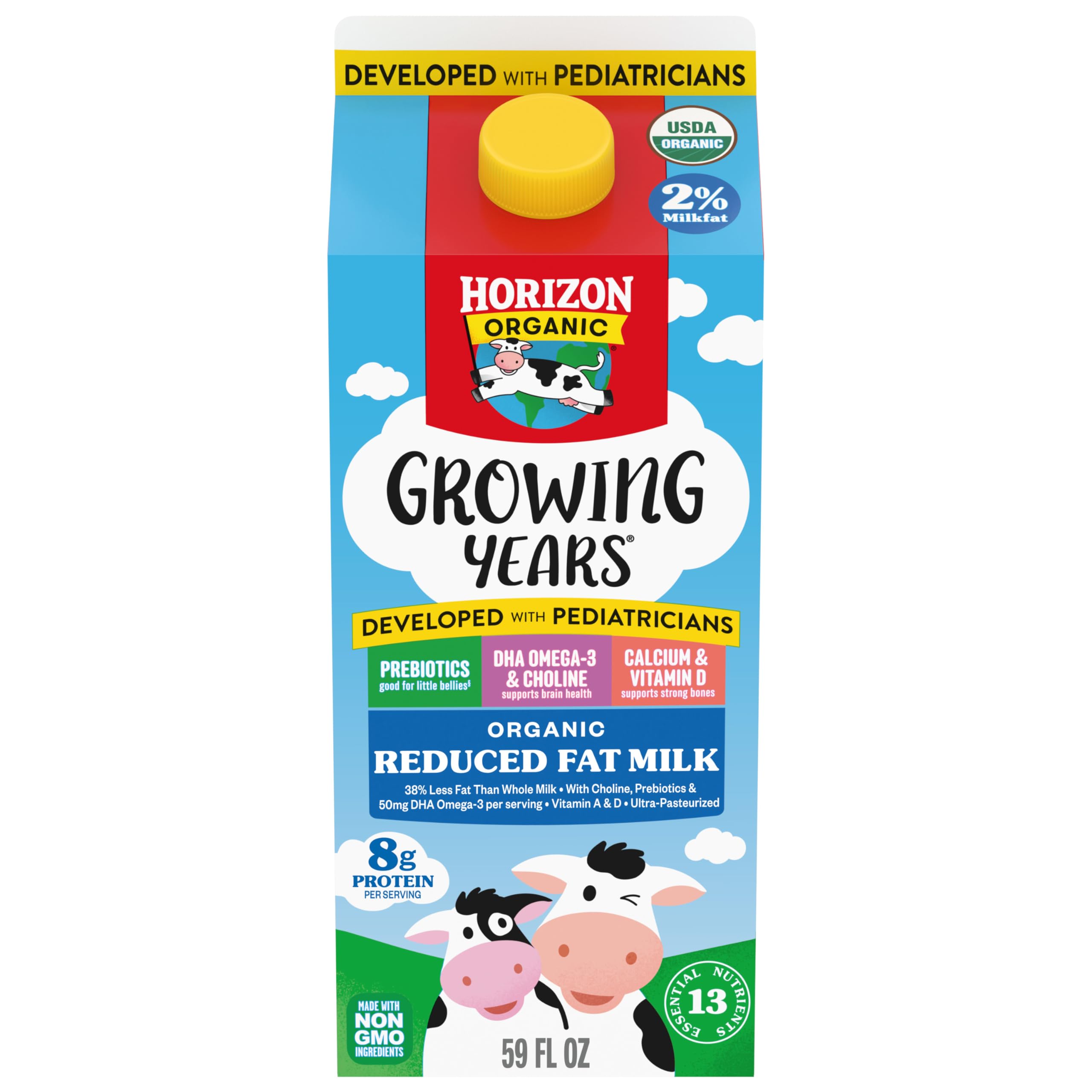 Milk 2% Ultra Pasturized DHA Chol Organic, 64 Ounce | USDA Organic Vitamin D Milk for Growing Kids with DHA Omega-3, Choline, and Prebiotics