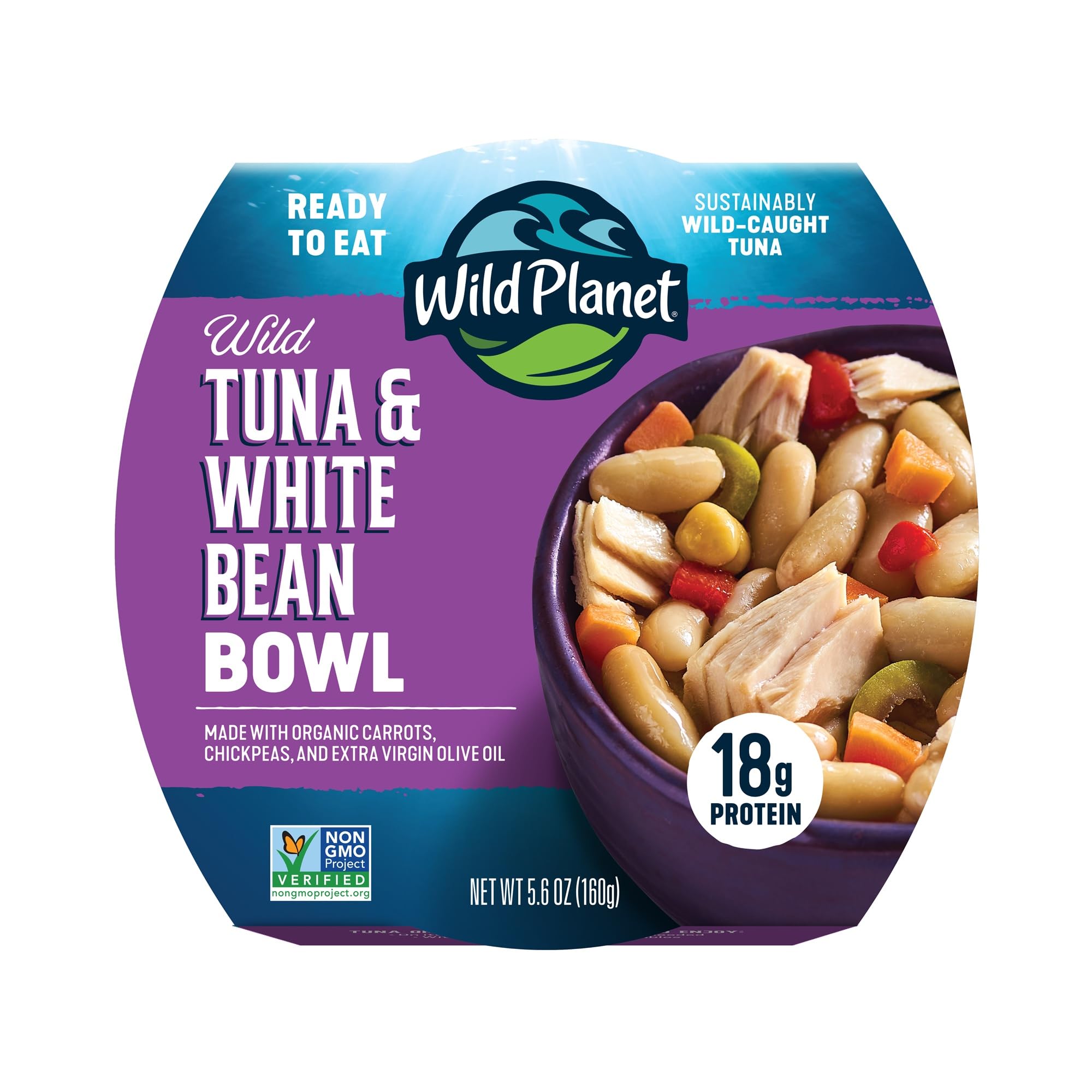 Wild Planet Ready-To-Eat Wild Tuna & White Bean Bowl, 5.6 Oz Can, 1 Pack | Sustainaby Caught Tuna White Bean Bowl with Organic Carrots, Chickpeas & Extra Virgin Olive Oil. Non-GMO, Gluten & Dairy Free