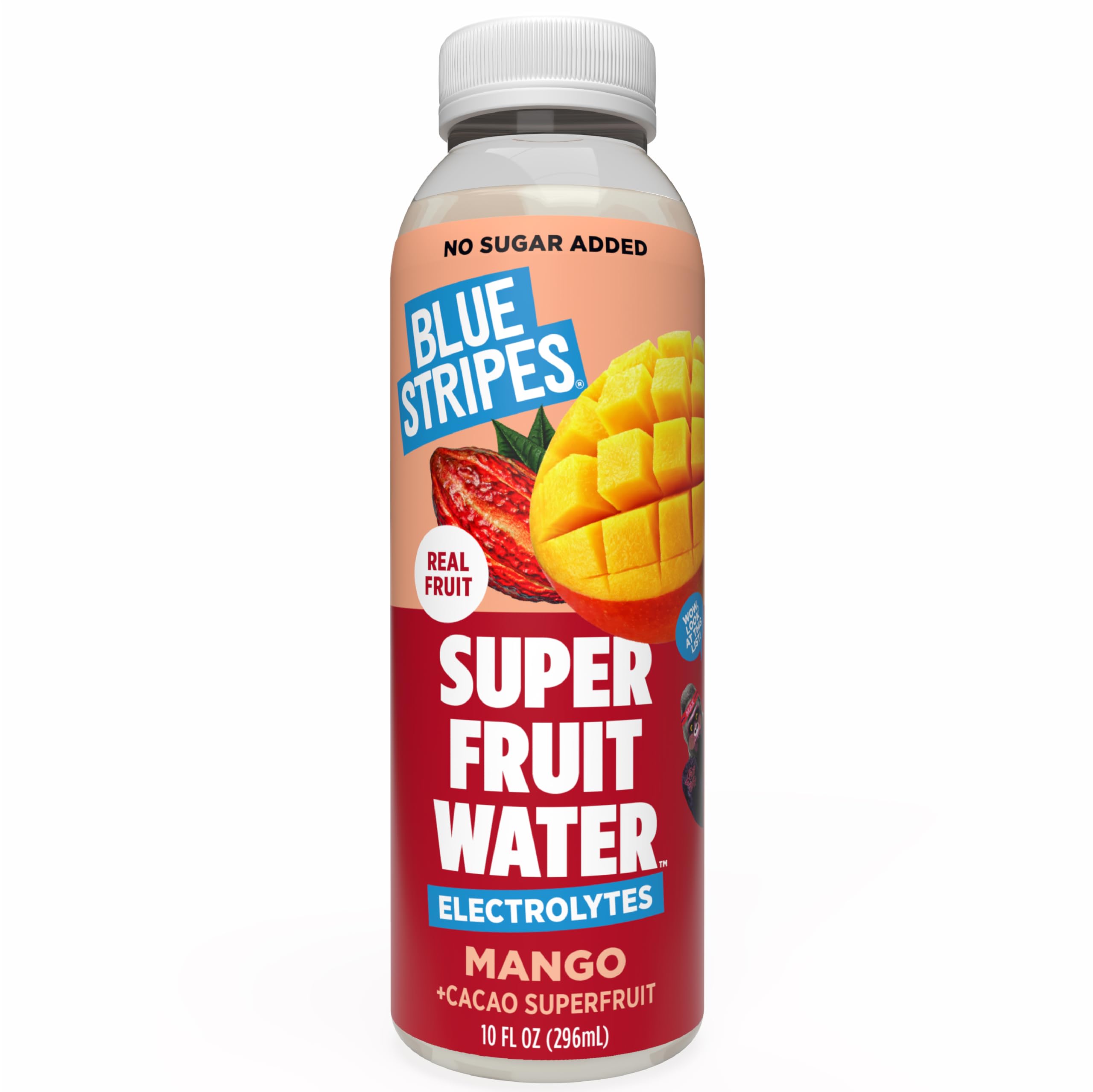 Blue Stripes Mango Superfruit Water - Natural Hydration Drink (10 FL OZ) | Cold Pressed Cacao Juice, Mango Juice & Water | No Sugar Added, Plant Based, Non GMO w/ Natural Electrolytes & Antioxidants