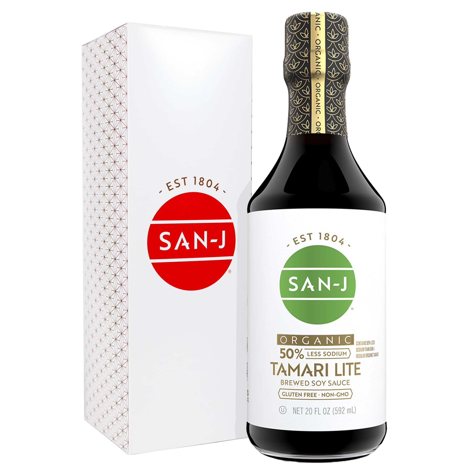 San J International Organic 50% Less Sodium Tamari Lite, 20 FZ | Low Salt, Rich Umami, Gluten Free, No Wheat, Kosher, USDA Certified Brewed