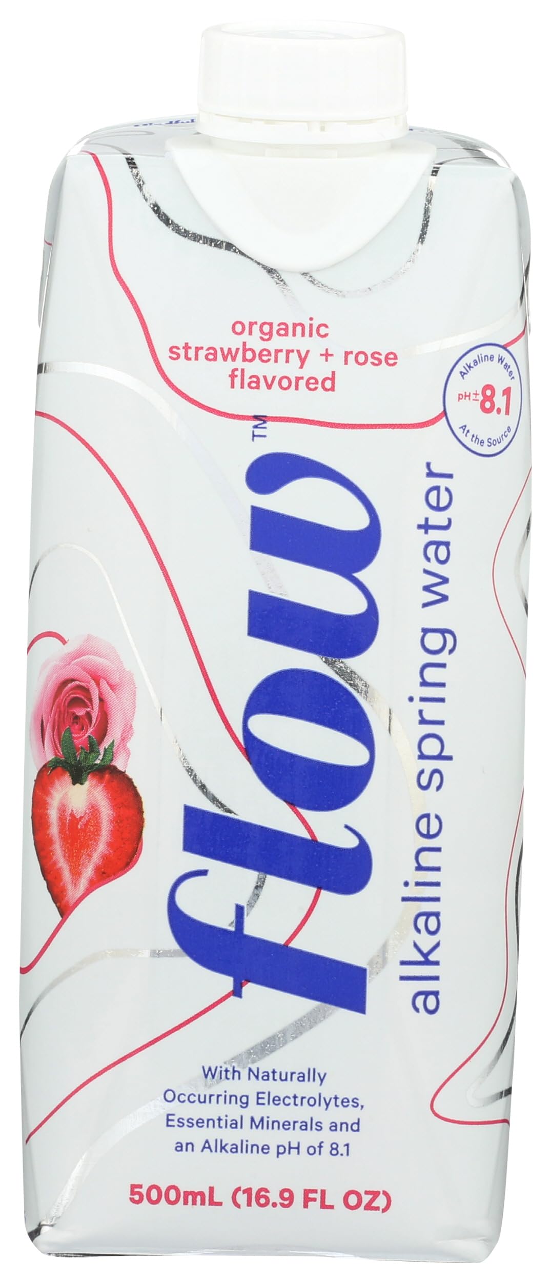 Flow Alkaline Spring Water, Organic Strawberry + Rose, 100% Naturally Alkaline, 500ml (16.9 Fl Oz)