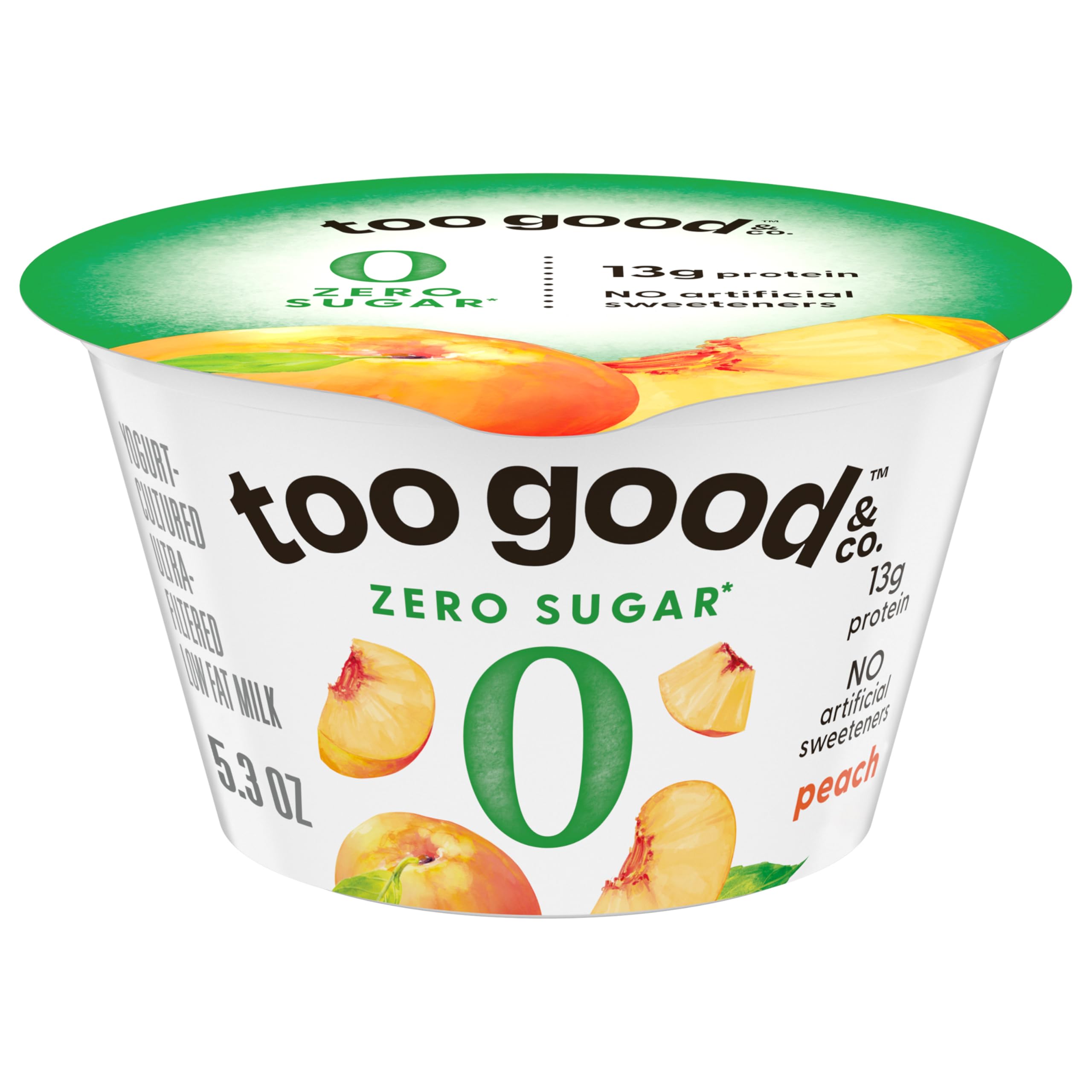 Too Good & Co. Zero Sugar Low Fat Milk Product, Peach, 5.3 oz | Smooth & Creamy, 13g Protein, 70 Calories, 0g Total Sugar, No Lactose or Artificial Sweeteners, Non-GMO Project Verified