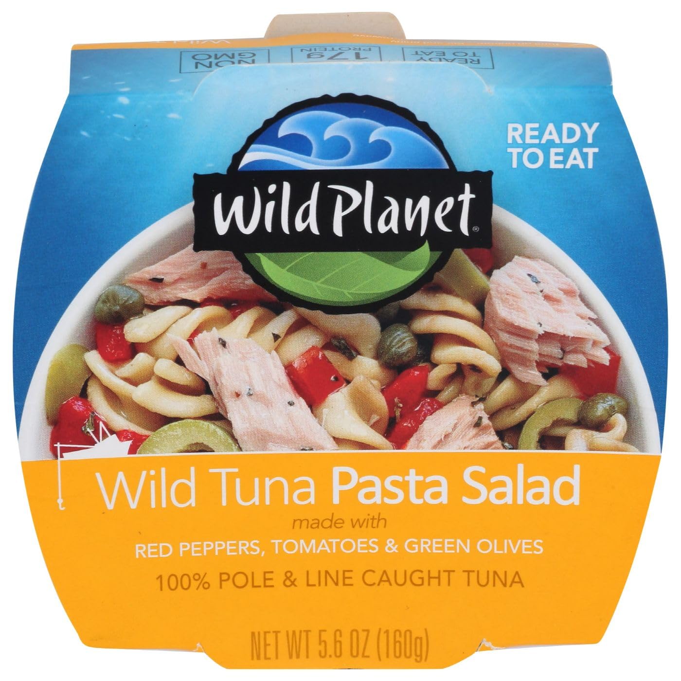 Wild Planet Ready-To-Eat Wild Tuna Pasta Salad, 5.6 Ounce Can, Pack of 1 | Tuna Pasta with Organic Red Peppers, Tomatoes & Green Olives. Non-GMO, Gluten Free, Kosher, Dairy Free