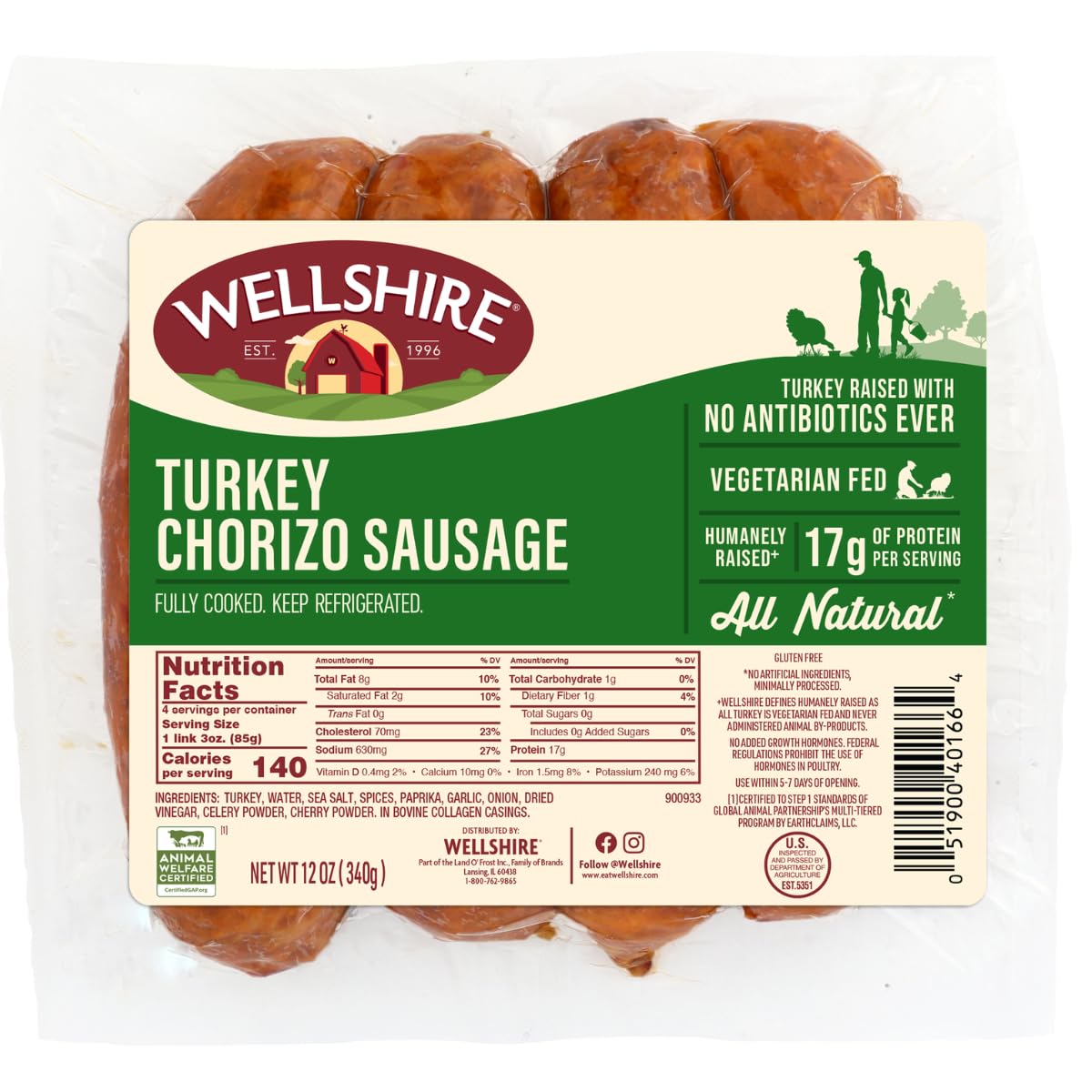 Wellshire Farms Ground Turkey Sausage 12 oz | No Nitrates or Nitrites Added | Gluten Free Natural Lean Turkey Breakfast Sausage