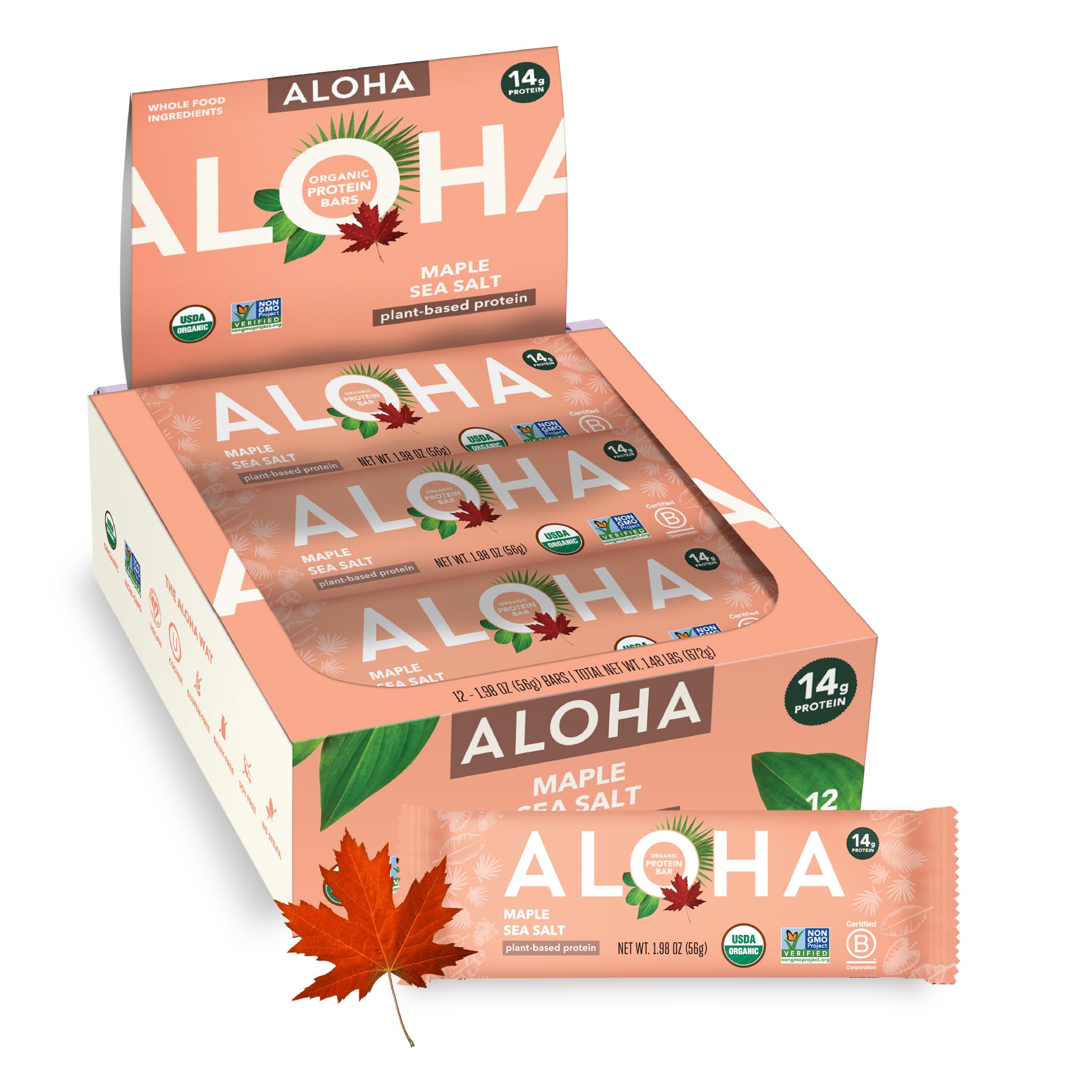 Aloha Organic Maple Sea Salt Protein Bar, 12 ct | High Fiber, Non-GMO | GLP-1 & Keto Friendly, No Sucralose, No Stevia, No Soy | Vegan, Gluten & Dairy Free