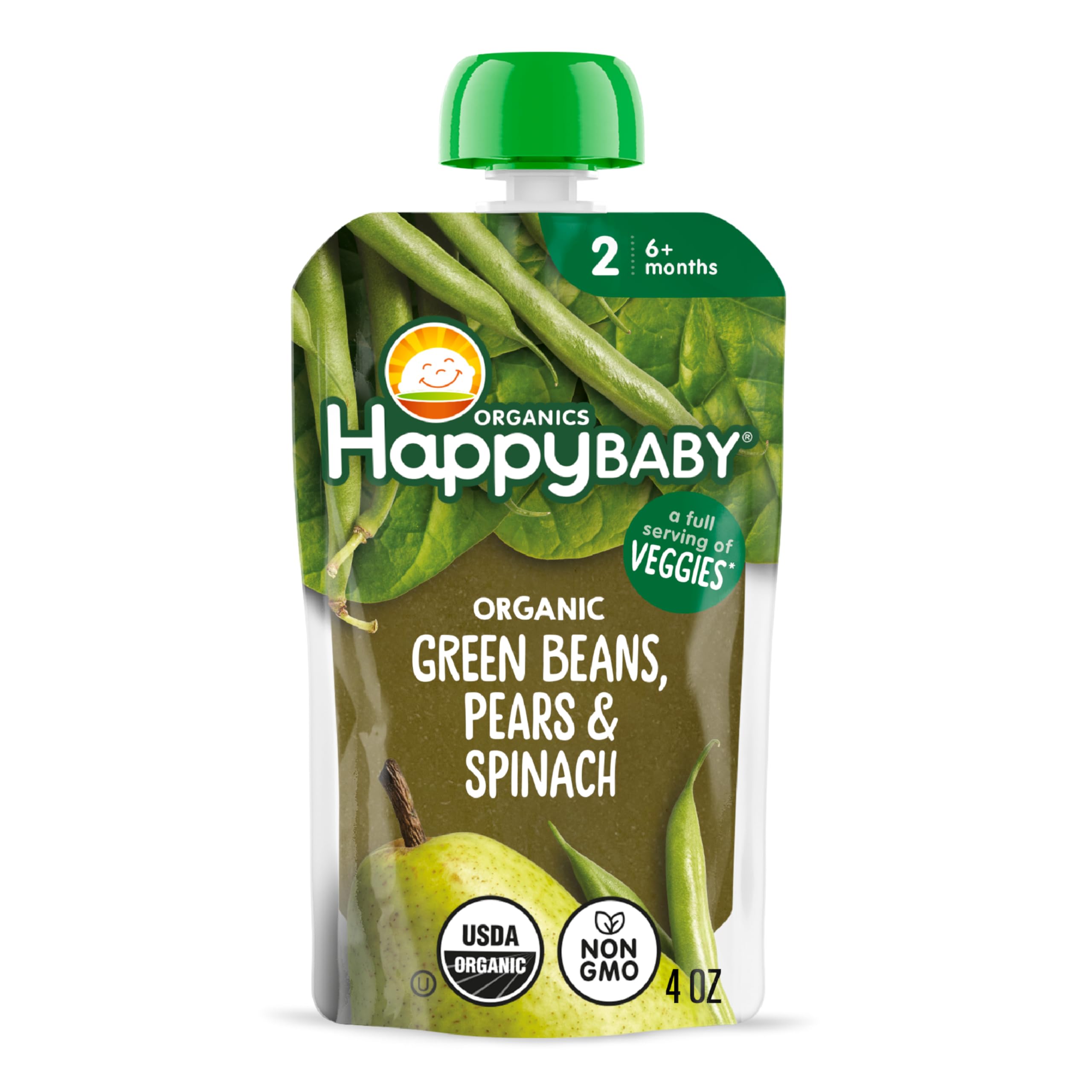 Happy Baby Organics Stage 2 Baby Food Pouches, Gluten Free, Vegan & Healthy Snack, Clearly Crafted Fruit & Veggie Puree, Green Beans Pears & Spinach, 4 Ounces (Pack of 1)