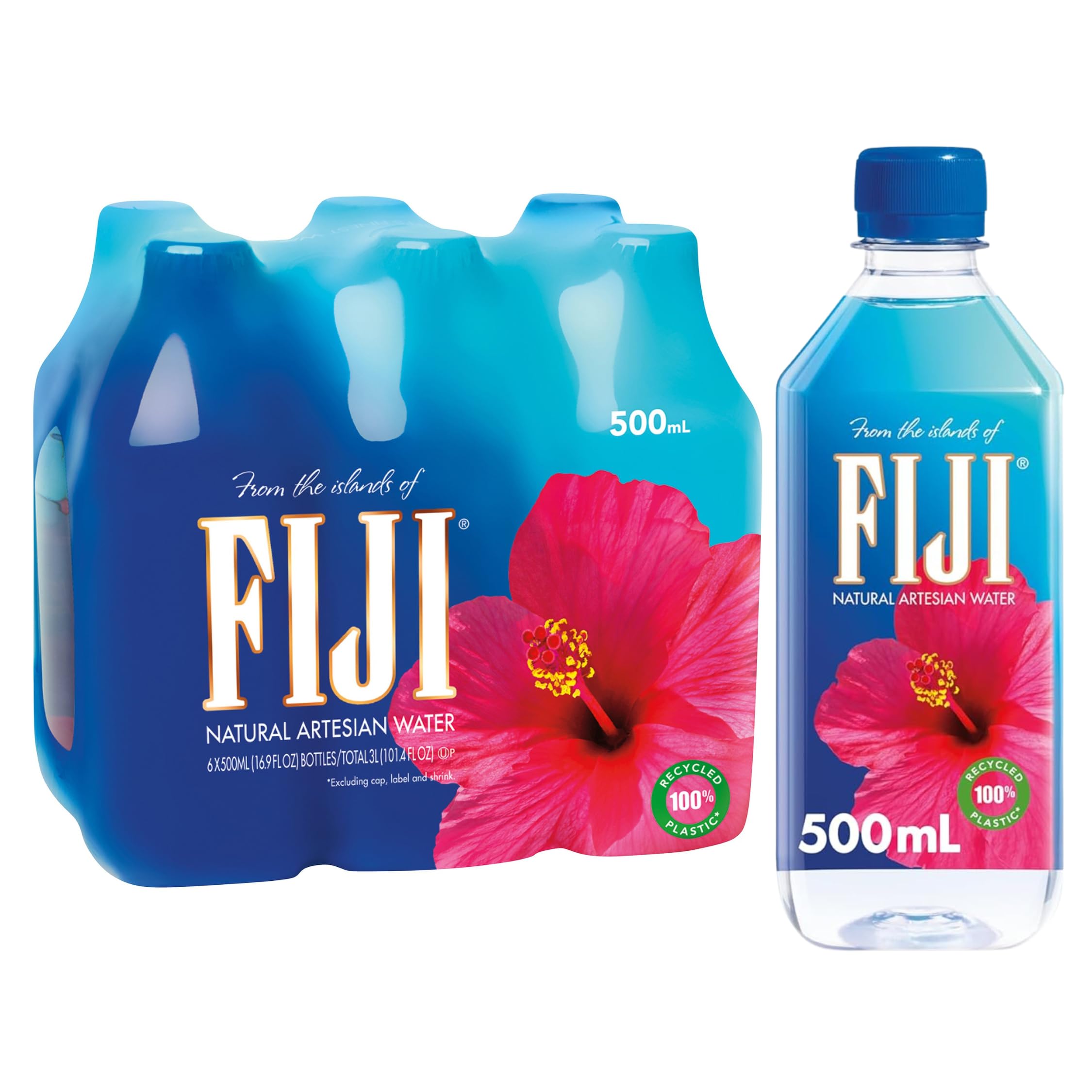 FIJI Natural Artesian Bottled Water 500 mL / 16.9 Fl Ounce (Pack of 6) | 100% Natural Electrolytes, 100% Recylced Plastic, Water Pack, Agua