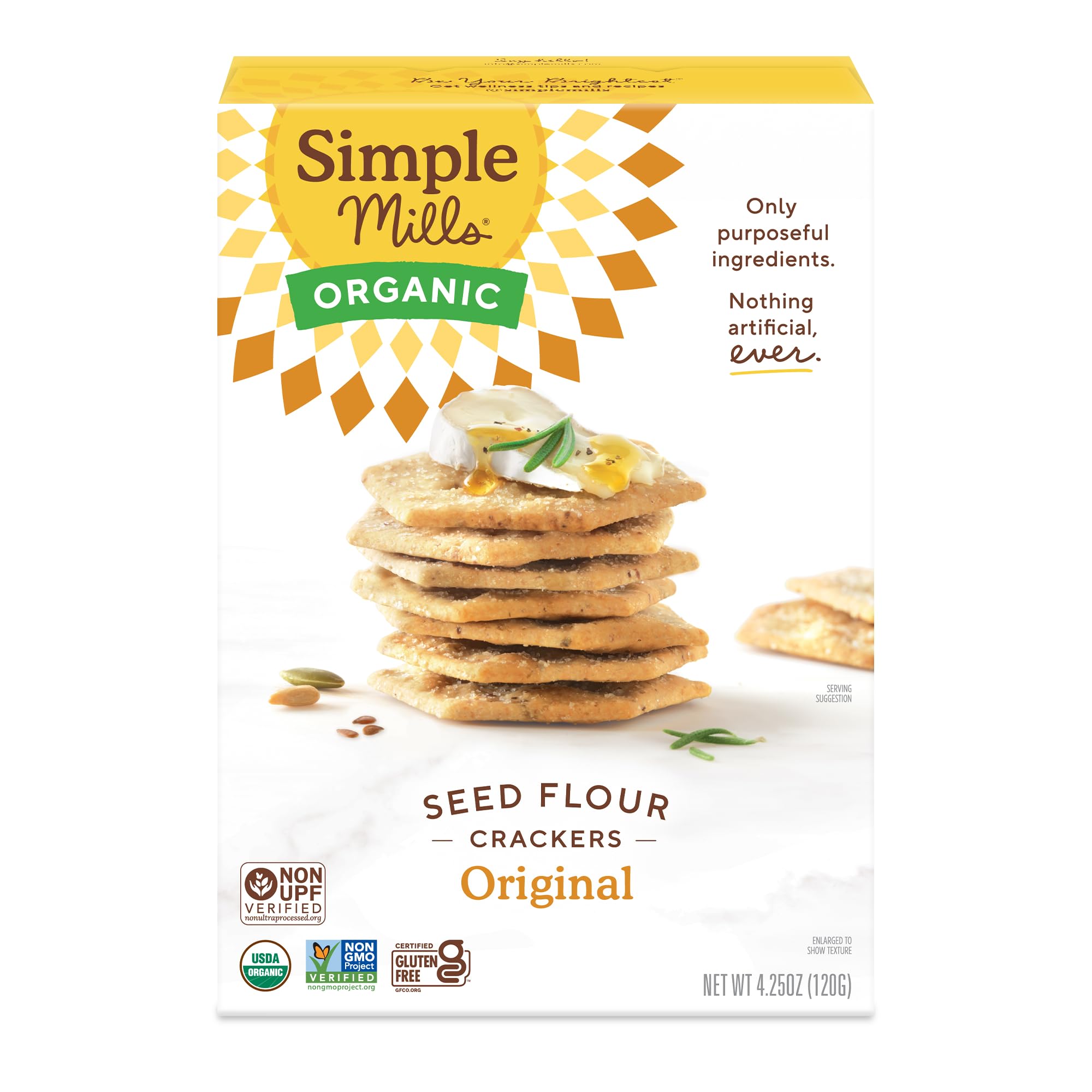 Simple Mills Organic Seed Flour Crackers, Original, 1pk, 4.25oz | Great For Snacking, Charcuterie Boards, Dips, USDA Organic Certified, Certified Gluten Free Crackers, Non-UPF Verified