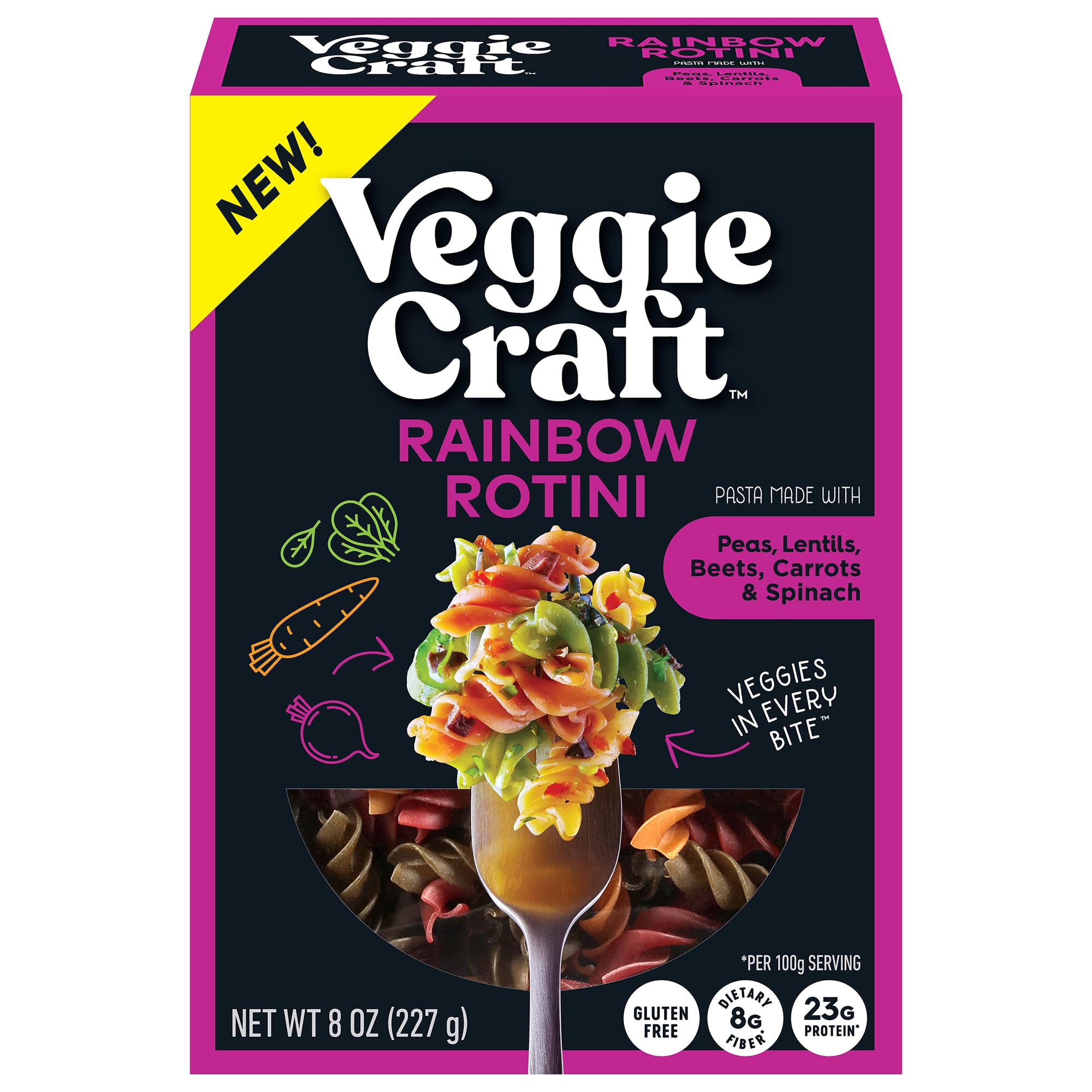 Veggiecraft Farms Rainbow Rotini Pasta - Lentil Protein Pasta with Pea & Spinach, Gluten Free Noodles, High Fiber, Vegan, 23 g Protein Per Serving - 8 oz (Pack of 1)