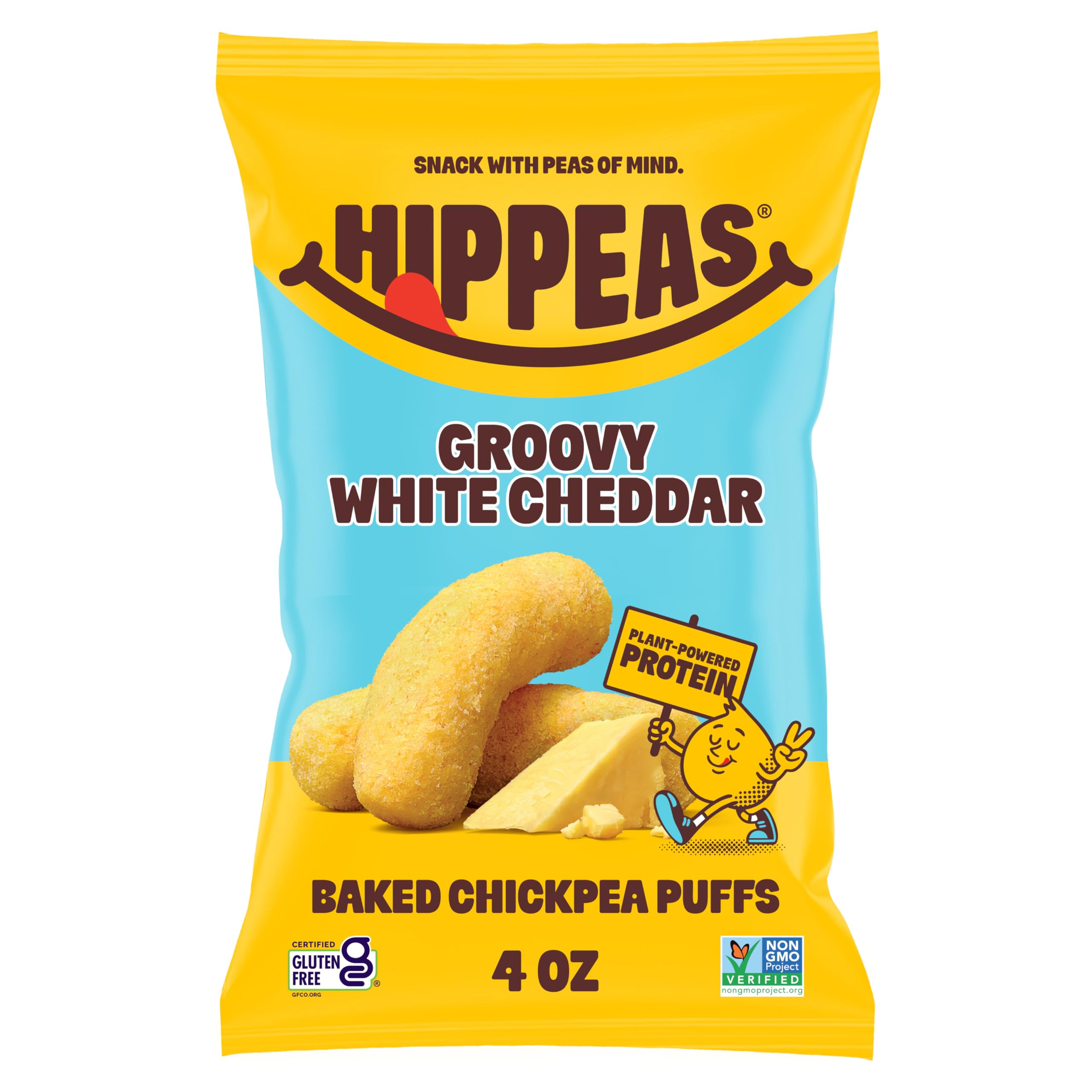 Hippeas Chickpea Puffs, Groovy White Cheddar, 4 oz Bag, Baked | Crunchy Chickpea Snacks with 3g Plant Protein, 2g Fiber, 50% Less Fat, Dairy and Gluten Free, Non-GMO, Top 9 Allergen Free