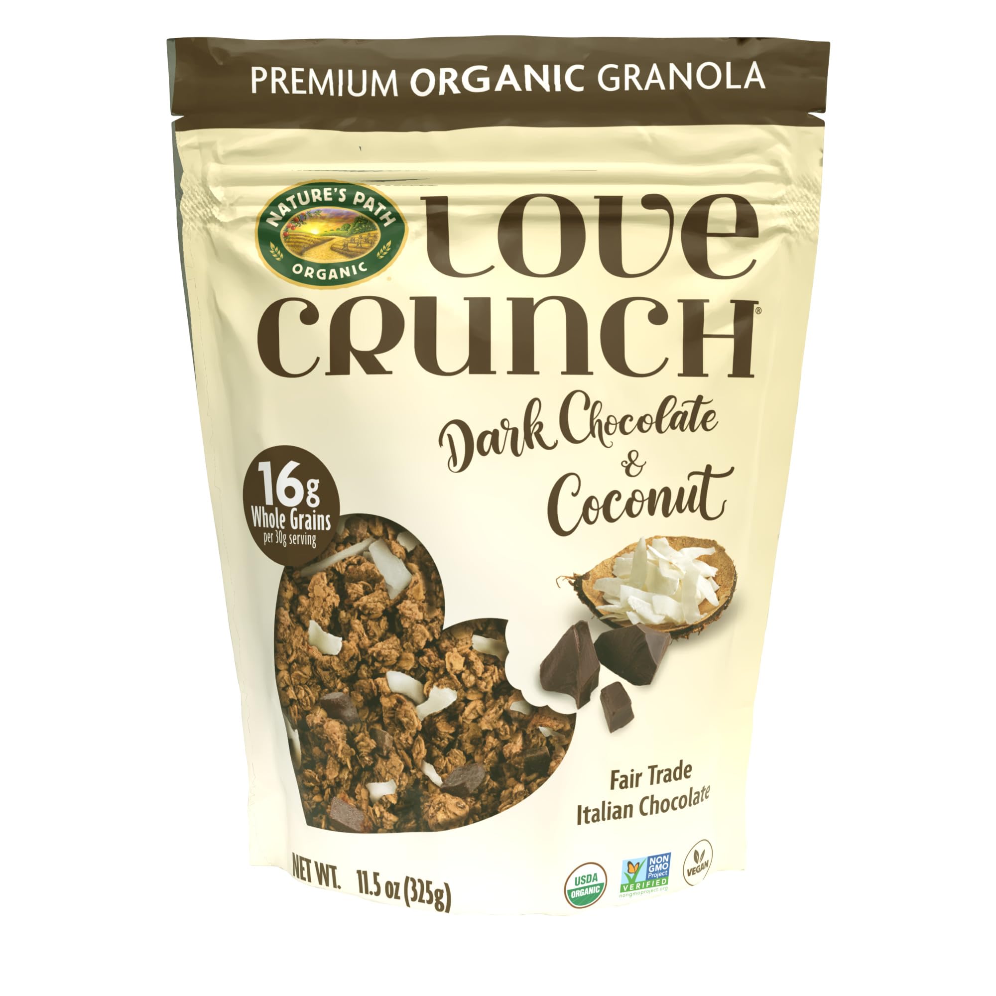 Love Crunch Organic Dark Chocolate & Coconut Granola, 11.5 oz (Pack of 1) | Fair Trade Italian Dark Chocolate, 16g Whole Grains, Premium Organic Granola, Non-GMO, Vegan, Family Owned Company