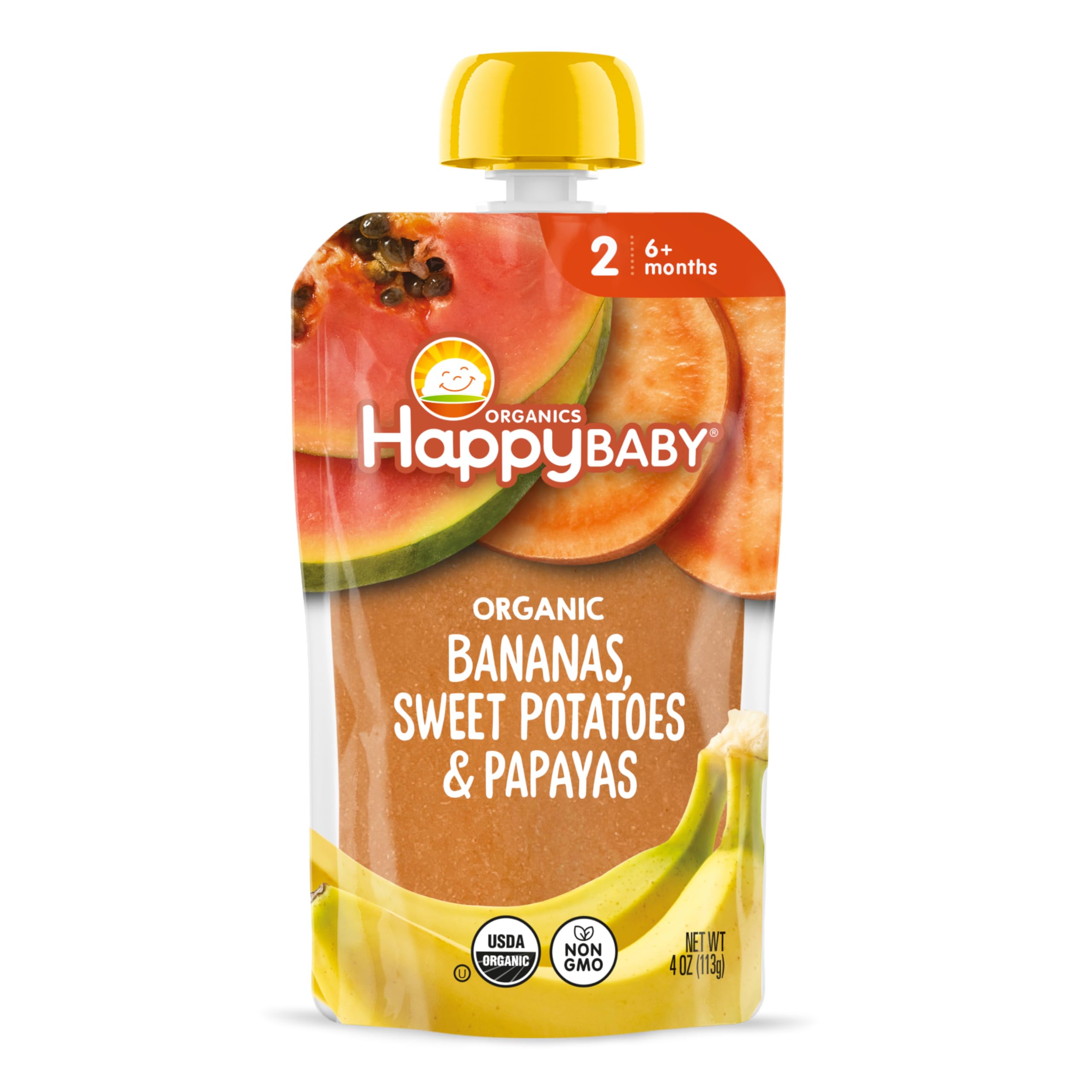 Happy Baby Organics Stage 2 Baby Food Pouches, Gluten Free, Vegan & Healthy Snack, Clearly Crafted Fruit & Veggie Puree, Bananas, Sweet Potatoes &Papayas, 4 Ounces (Pack of 1)