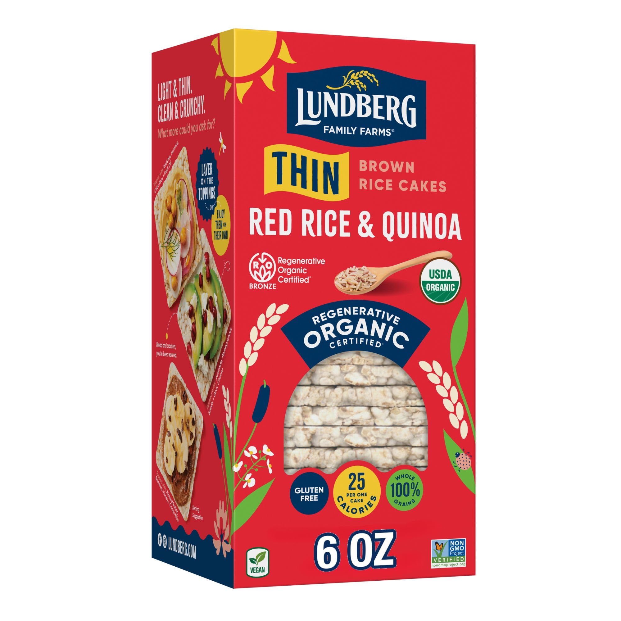 Lundberg Organic Thin Stackers, Red Rice & Quinoa, Salt-Free, Thin Multigrain Rice Cakes, Gluten-Free, Vegan, Healthy Snacks, 6 oz (Pack of 1)