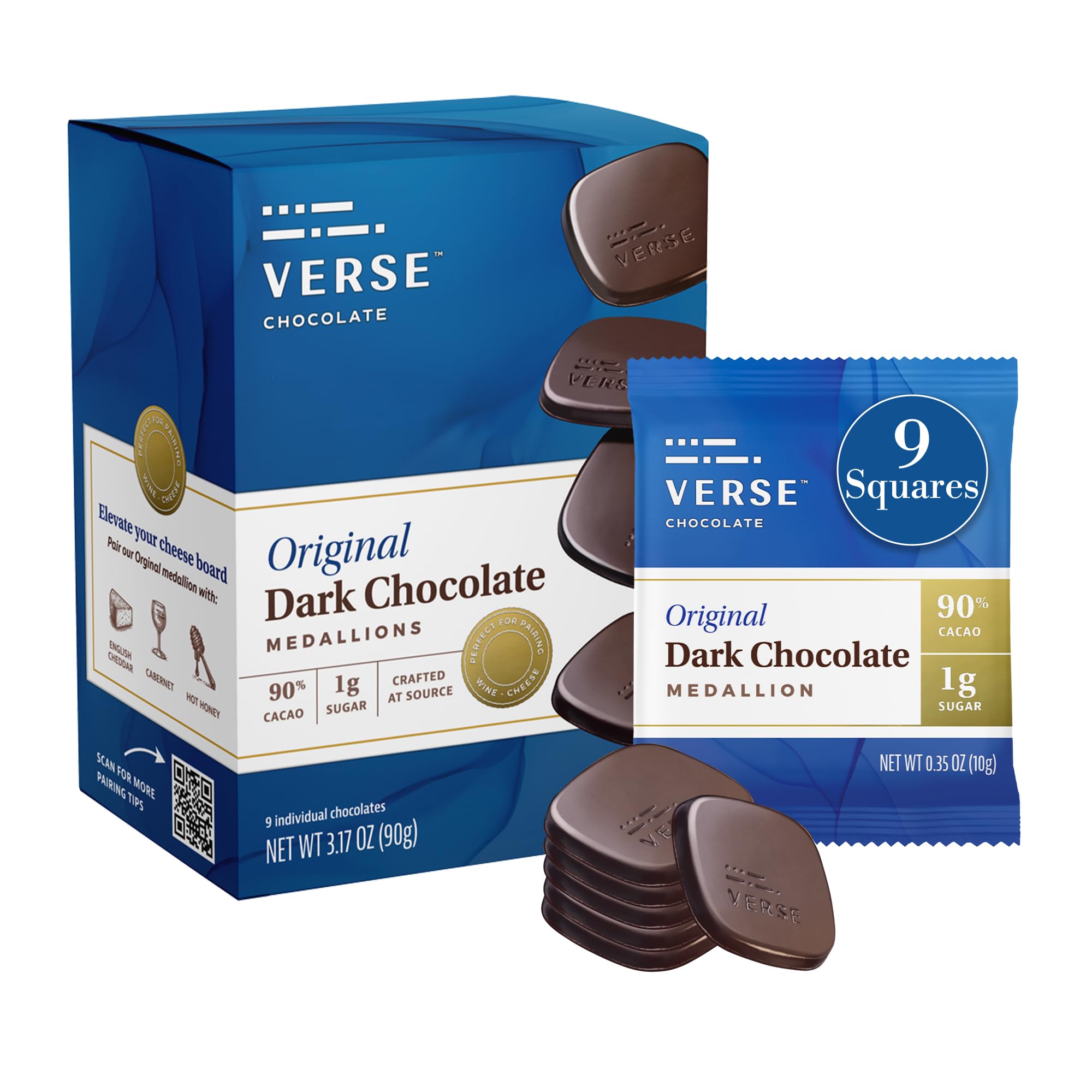 Verse 90% Dark Chocolate Squares - Only 1g Cane Sugar - Creamy Dark Cocoa - Individually Wrapped Cacao Chocolate Squares (9 Count, 1 Pack)