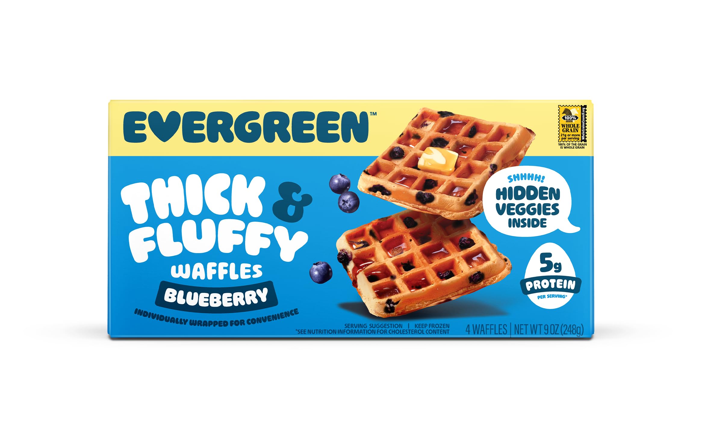 Evergreen Thick & Fluffy Waffles, Blueberry - Whole Grains, No Preservatives, Individually Wrapped, Air Fryer Ready, Frozen Breakfast, 9 oz