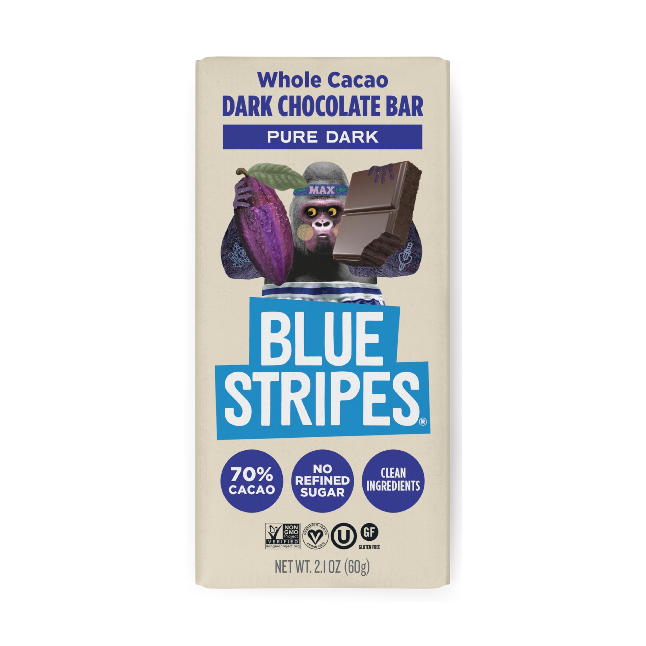 Blue Stripes - Pure Dark Whole Cacao Chocolate Bars, 70% Cacao Bar, Healthy Chocolate, Vegan, No Refined Sugar, Non GMO, Gluten Free, 2.1 OZ