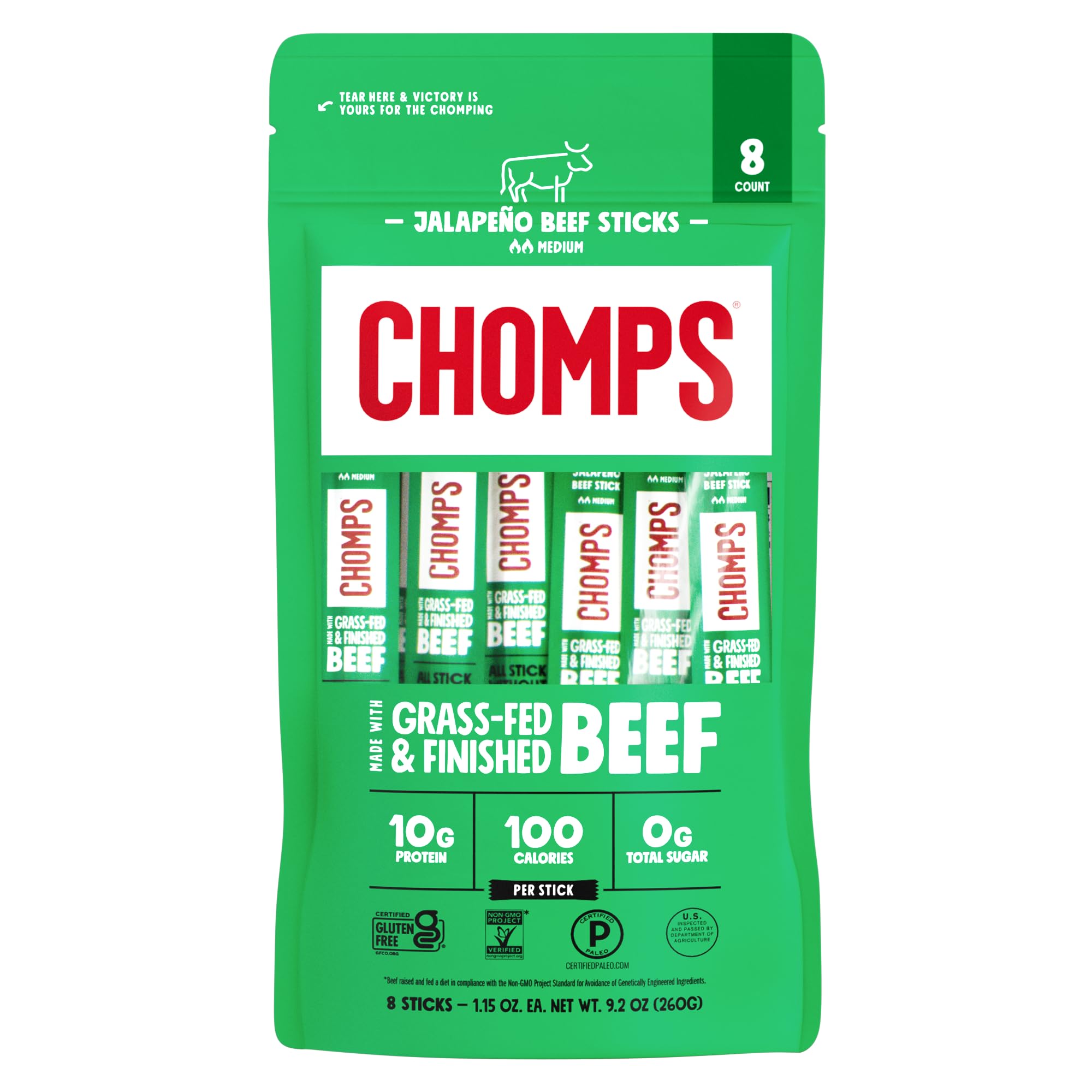 Chomps Jalapeño Beef, Grass-Fed & Finished, 8ct, Protein Snack Stick | Grass-Fed And Finished Jalapeño Beef Jerky Snack Sticks, Gluten-Free Meat Sticks, Paleo Snacks, Keto, Whole30, Non-GMO