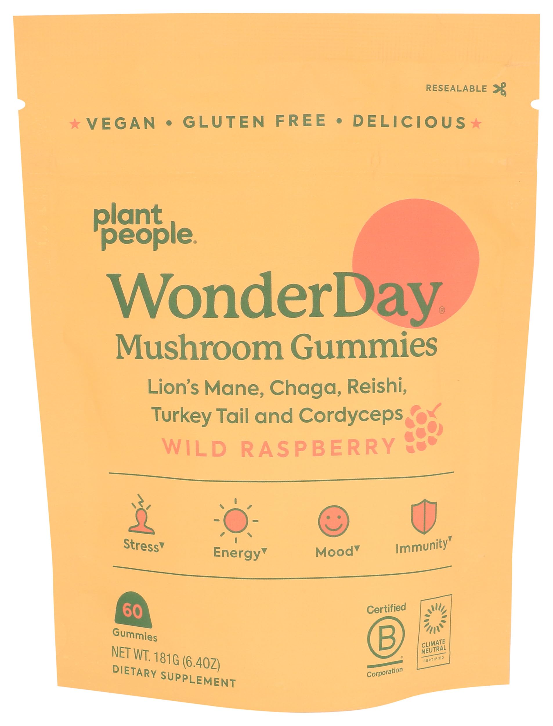 Plant People WonderDay Mushroom Gummies for Energy, Raspberry, 60ct | Chaga Mushroom Supplement to Support Immune System De-Stress Boost Mood & Energy in Adults Natural, Vegan, Non-GMO