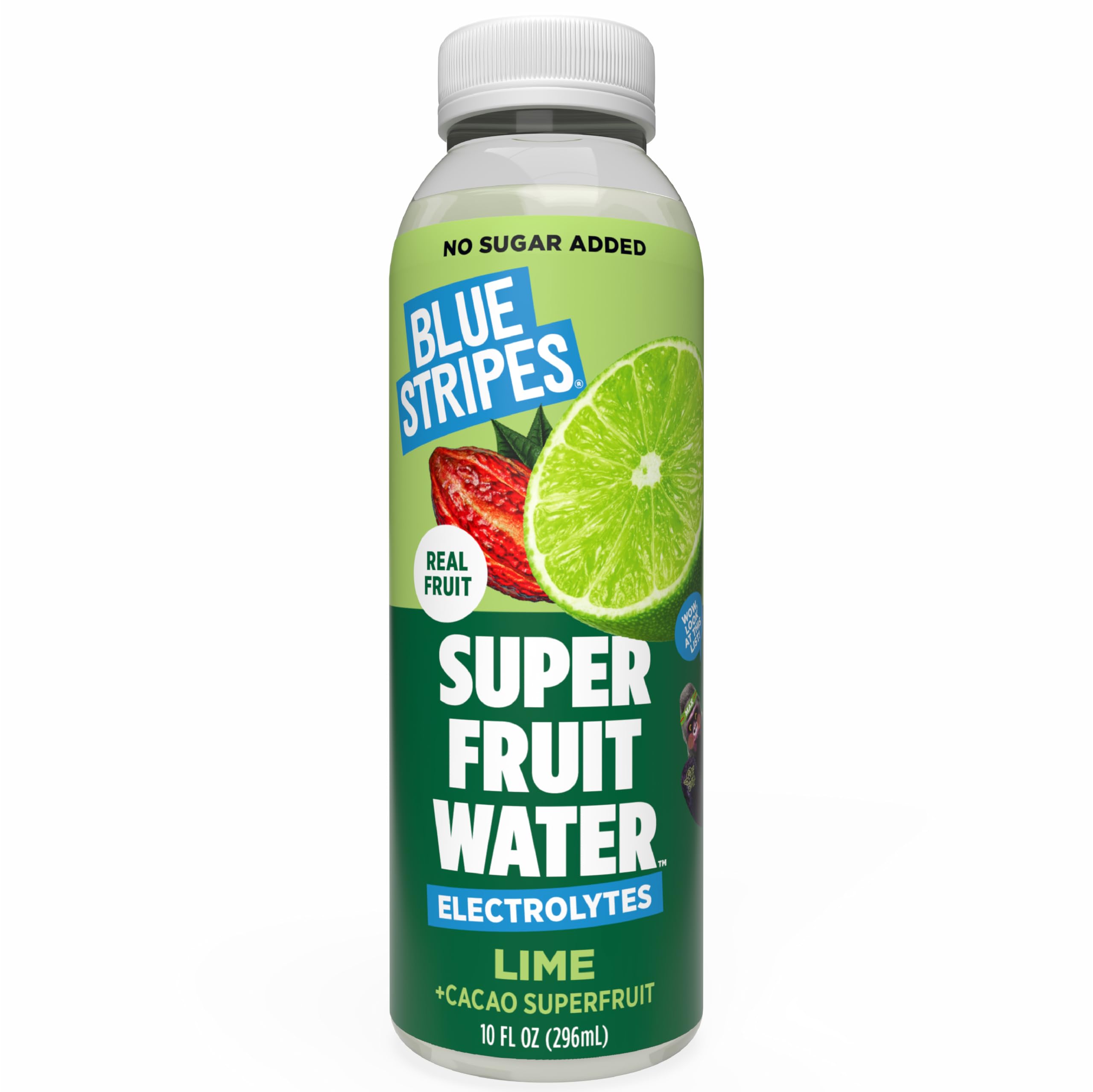 Blue Stripes Lime Cacao Water - Natural Hydration Drink (10floz, 12pk) | Cold Pressed Cacao Juice, Lime Juice & Water | No Sugar Added, Plant Based, Non GMO with Natural Electrolytes & Antioxidants