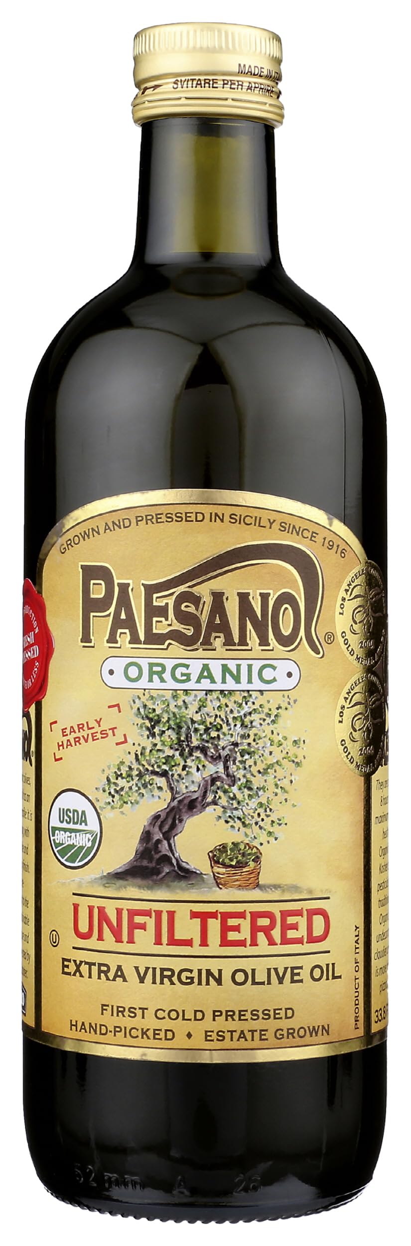 Paesanol Organic Extra Virgin Olive Oil, Unfiltered, 33.8 Fl Oz (1L) | High Polyphenol, Premium First Cold Pressed, Hand Picked, Early Harvest in Sicily, Award Winning Italian EVOO