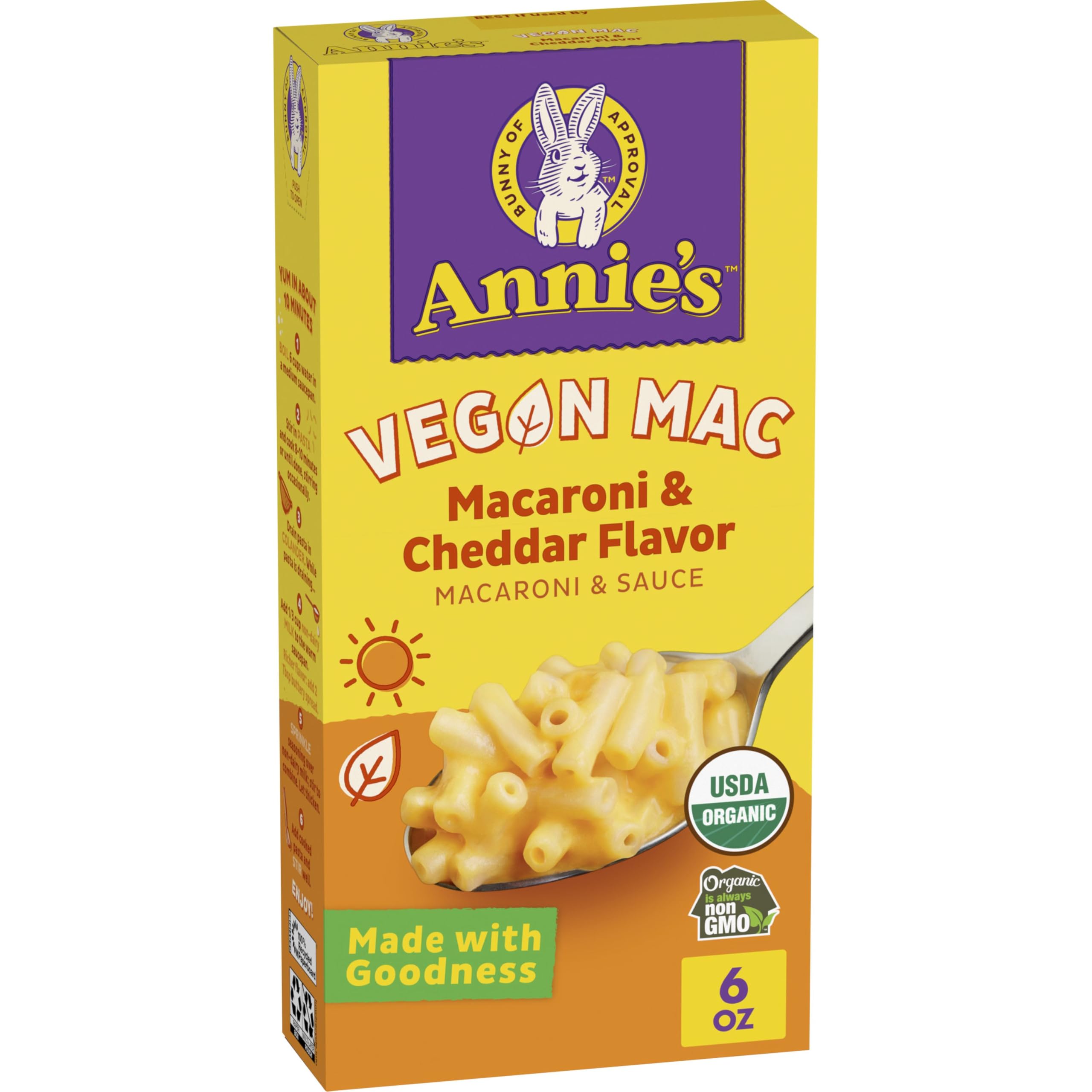 Annie's Vegan Mac and Cheddar Flavor Organic Pasta and Sauce, Non-GMO, 6 oz | USDA Certified Organic, Plant-Based, No Artificial Flavors or Synthetic Colors, Ready in About 10 Minutes