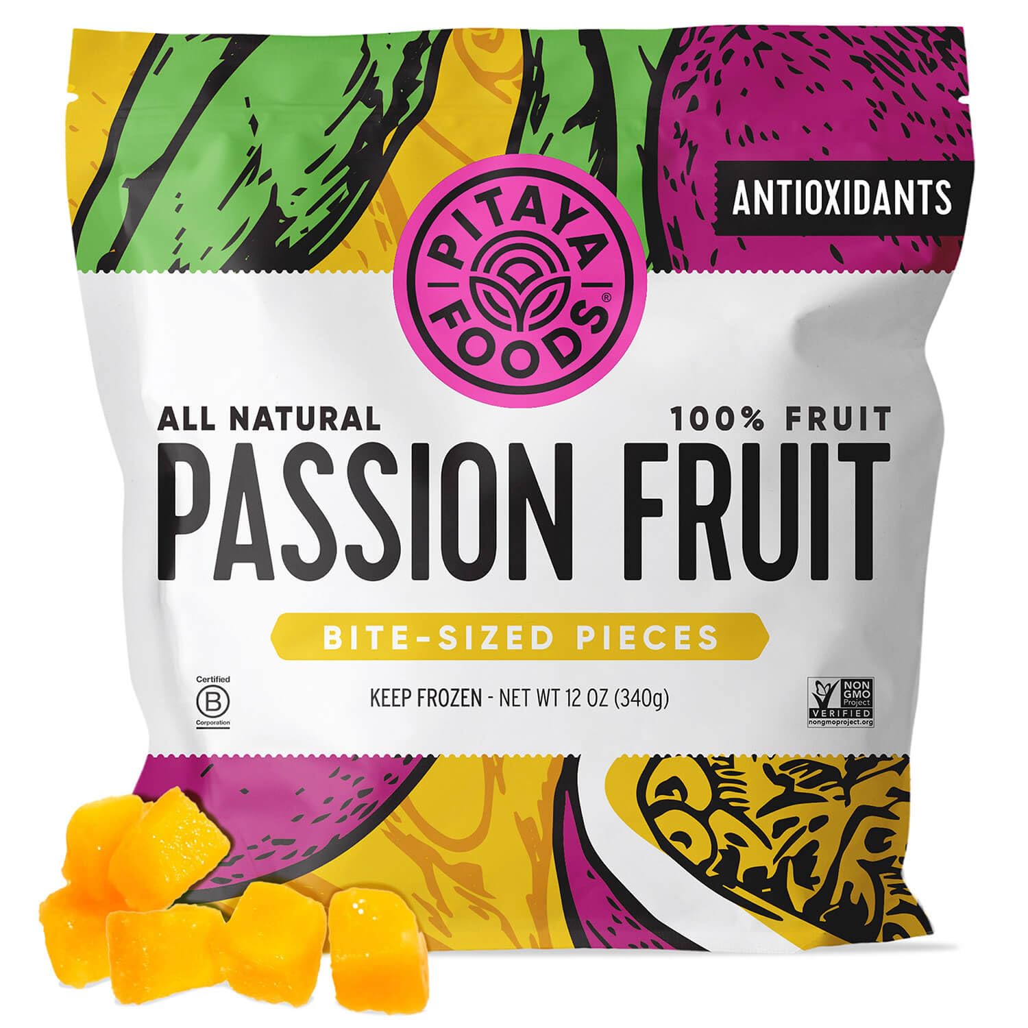 Pitaya Foods - Frozen Organic Passion Fruit Bite-Sized Pieces, Pre-Packaged Frozen Fruit, No Added Sugar or Preservatives, Good Source of Fiber, Iron, & Vitamin C, 100% Fruit, Non-GMO (12 oz Bag)