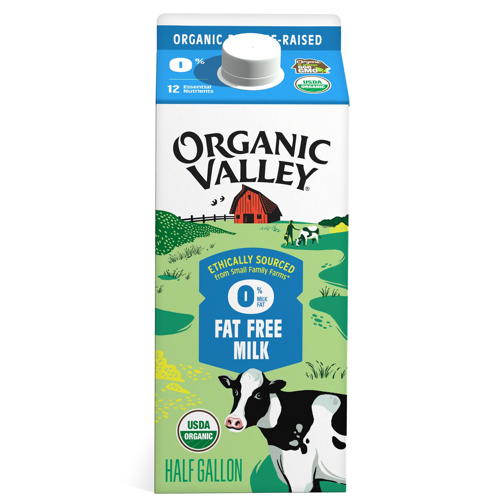 Organic Valley® Organic Skim (Fat Free) Milk — Pasture Raised, Non GMO — 64 oz (Half Gallon)