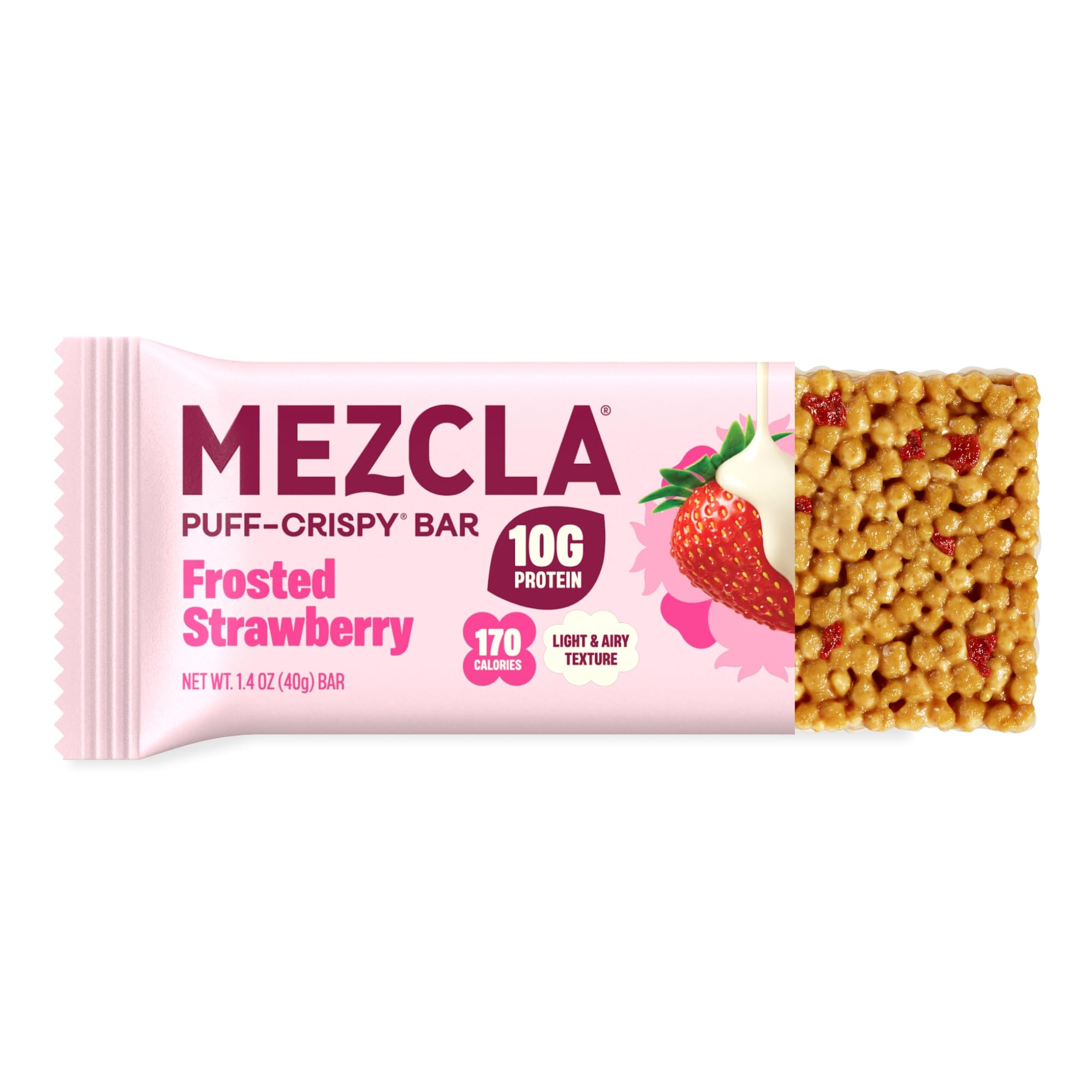 Mezcla Puff Crispy Protein Bars, Gluten Free & Vegan Protein Bars, 10g Protein, Alt for Crispy Rice Treat, Granola Bars & Breakfast Bars, Healthy Snacks for Adults, Frosted Strawberry, 1 Bar