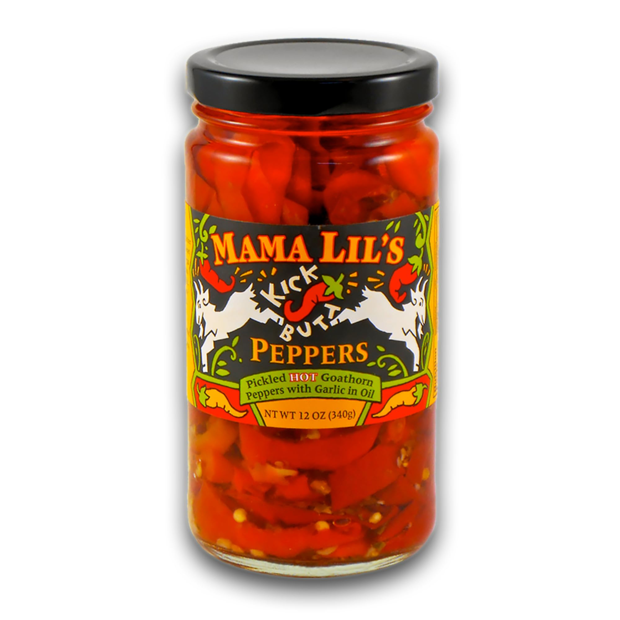Mama Lil’s Kick Butt Pickled Peppers in Oil (Spicy), 12 oz – Hot Hungarian Goathorn Peppers in Herb Oil Blend – Sweet & Spicy Gourmet Condiment – Locally Grown, All Natural Peppers