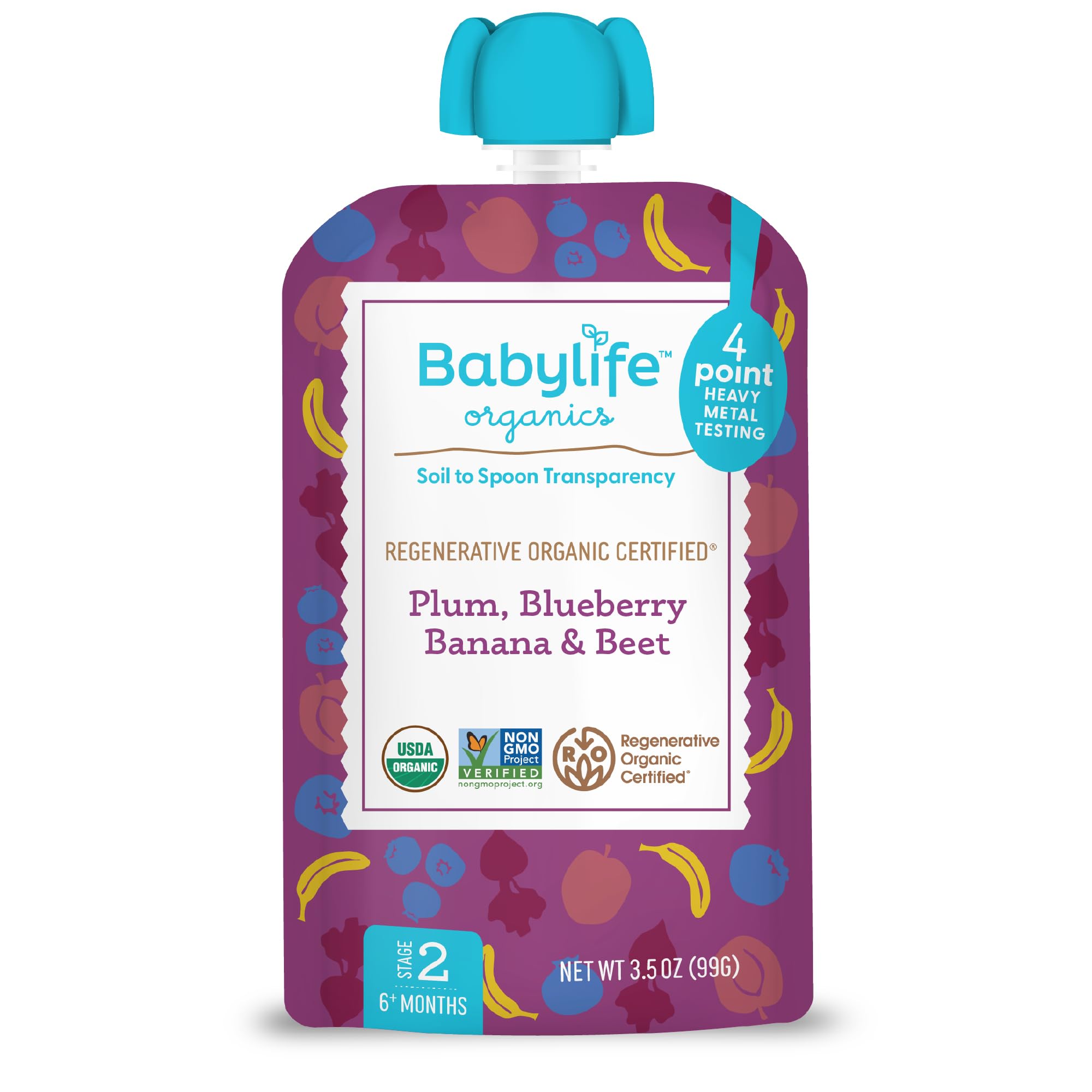 Babylife Organics Stage 2 - Plum, Blueberry, Banana & Beet, 3.5 Ounce Pouch (1 Pack) - Heavy Metal Safe, Organic Baby Food