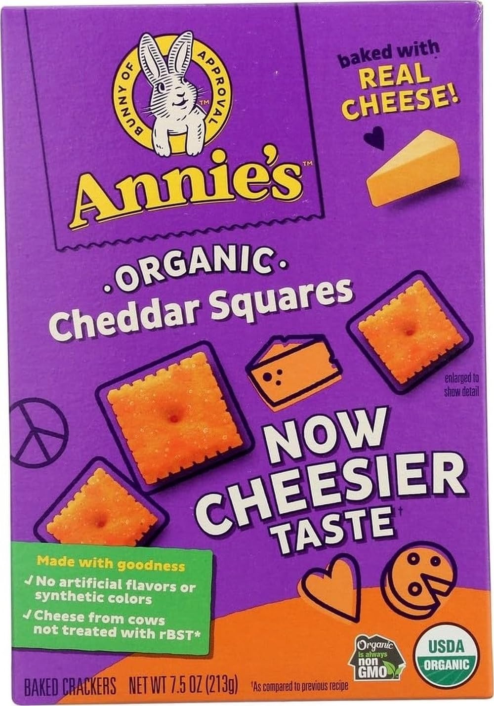 Annie's Organic Cheddar Squares, Baked Cracker Snacks, 7.5 oz | Made with Real Cheese, Certified Organic, No Artificial Flavors or Synthetic Colors