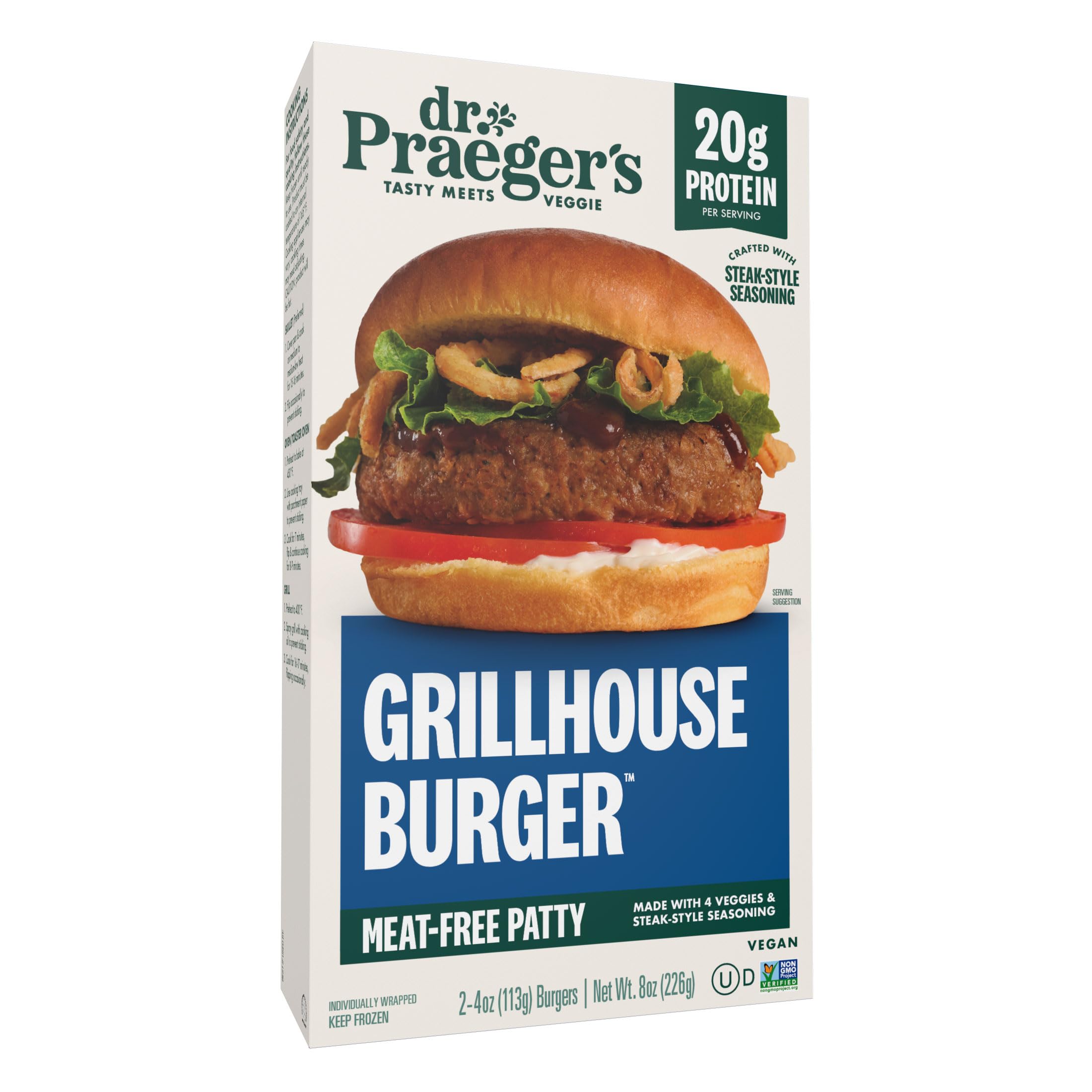 Dr. Praeger's Grillhouse Burger, 2 Count, 8 oz | Thick, juicy vegan burgers with steak-style seasoning, 4 real vegetables and 20g plant protein per patty