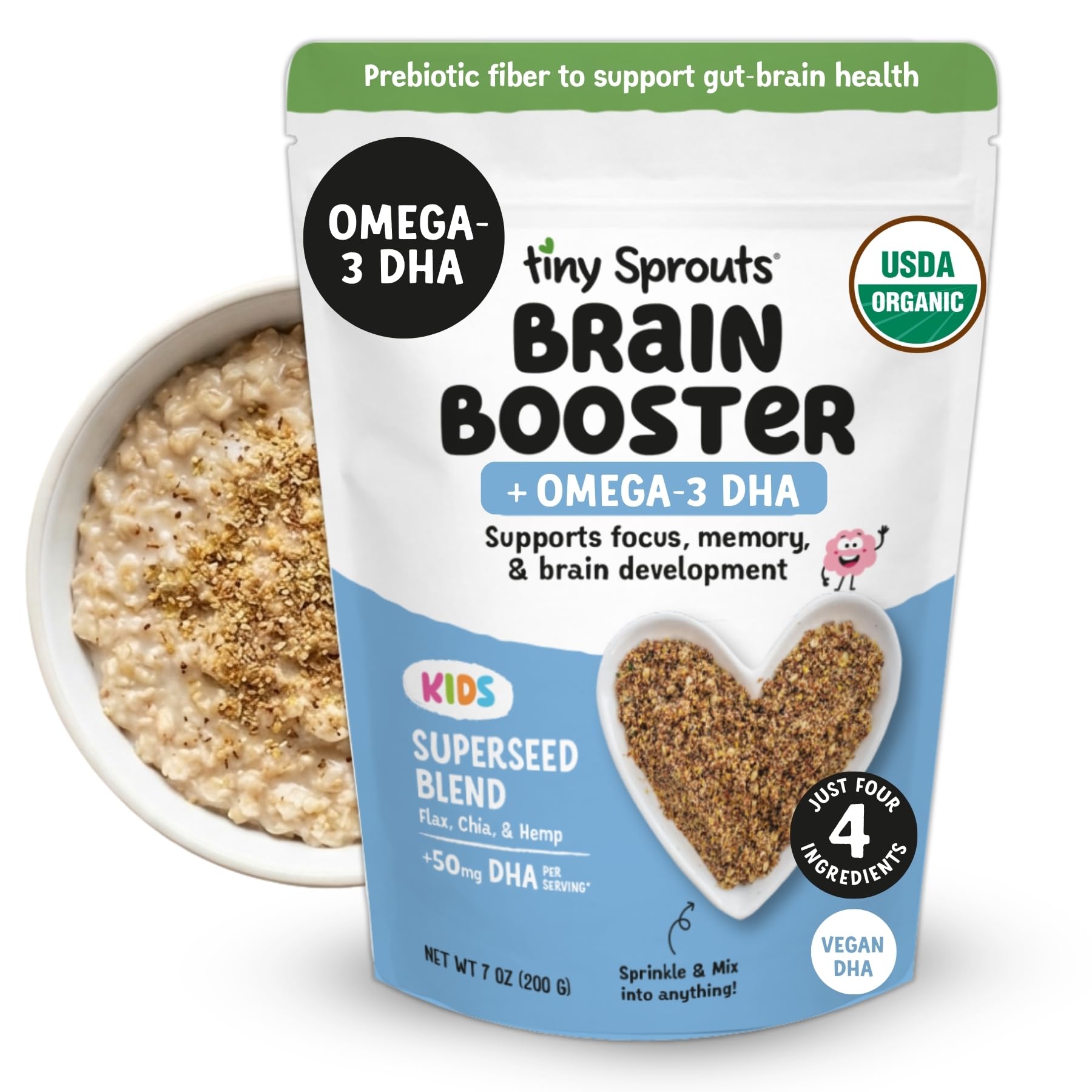 Tiny Sprouts Organic Milled Flax, Chia & Hemp Seeds Brain Booster + Vegan Omega-3 DHA | Kids Focus, Learning & Cognitive Support | Prebiotic Fiber, Protein, Iron, Zinc | Gluten-Free Plant-Based Superseed Blend | 7 oz