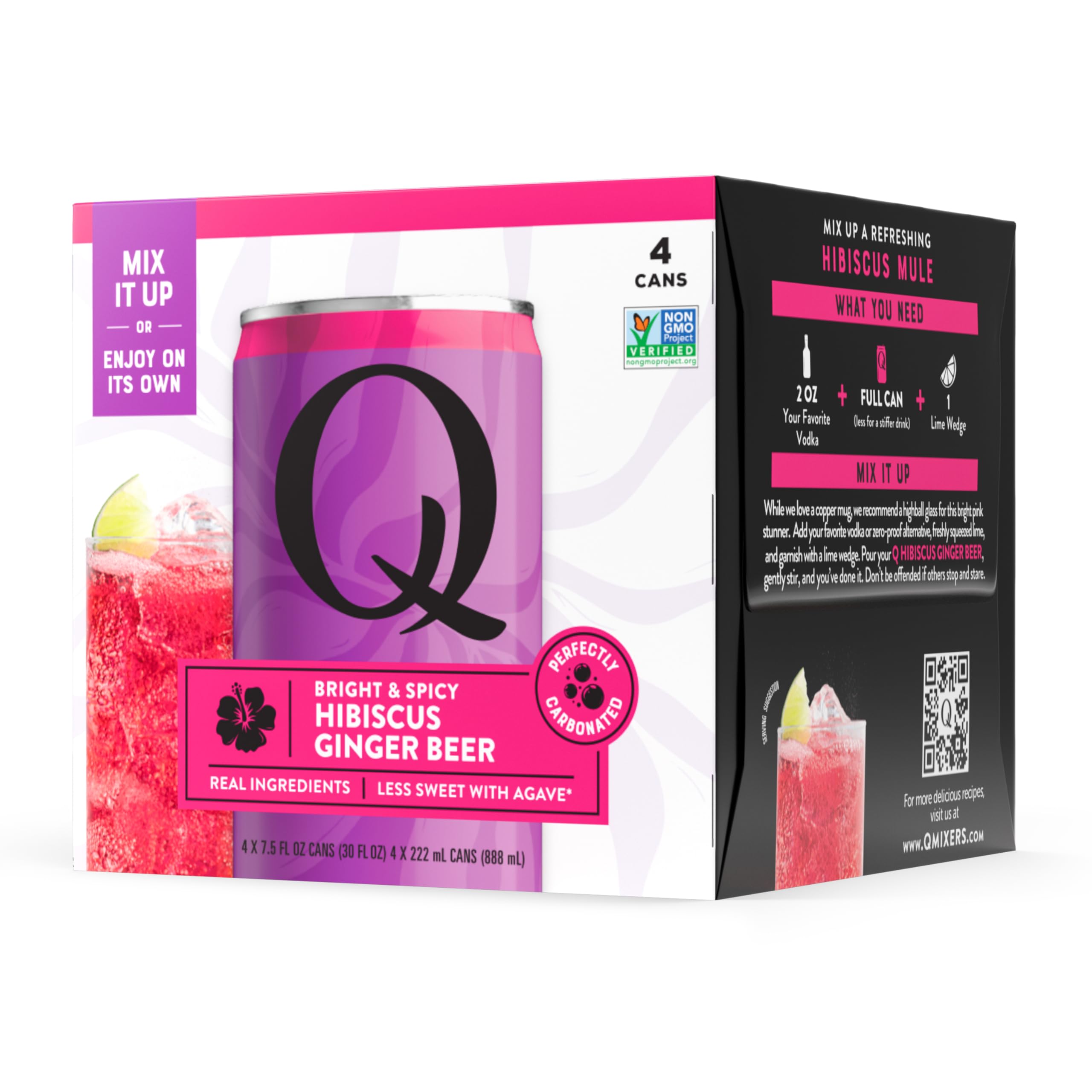 Q Mixers Hibiscus Ginger Beer - Premium Cocktail & Mocktail Mixers with Real Ingredients - Highly Carbonated, Less Sweet with Agave, & Gluten-Free - 80 Calories per Can - 7.5 Fl oz (Pack of 4)