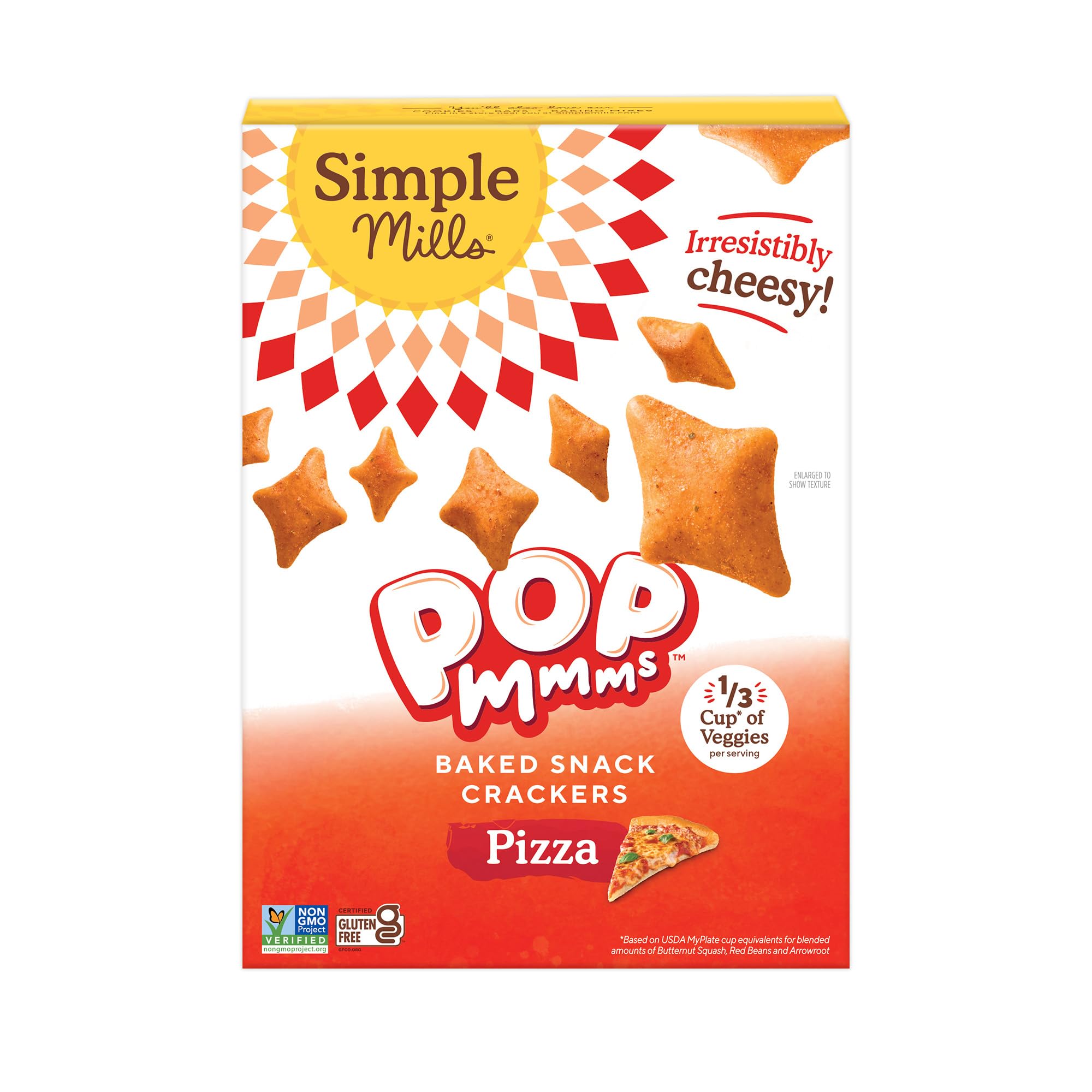 Simple Mills Pop Mmms Baked Snack Crackers, Pizza, 1pk, 4oz | Bite-Sized Gluten Free Crackers, Cheesy Pizza Flavor, Made with Wholesome Veggies, Baked Not Fried, Light Airy Popped Texture