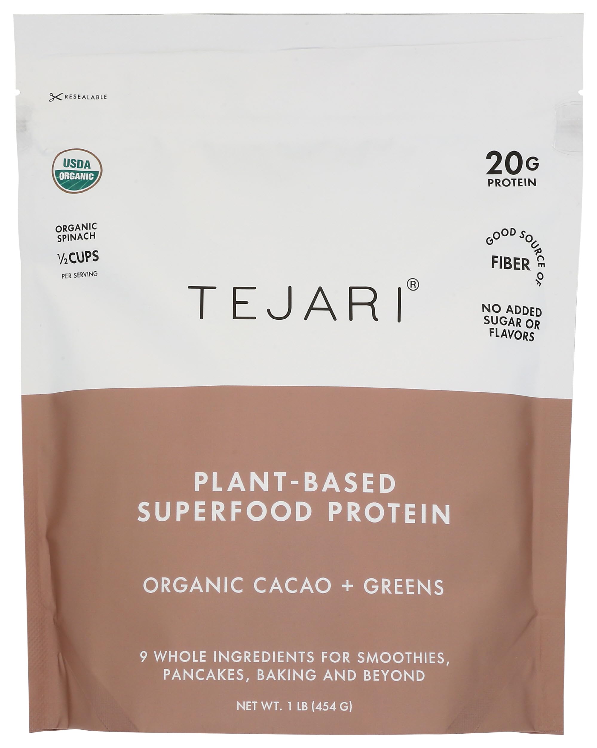 TEJARI Organic Plant Based Protein Blend | Organic Cacao | 16 oz, 16 Servings | Vegan, Low Sugar, Gluten Free, Low Carb, Non-GMO, Stevia Free, Soy Free, No Sugar Alcohols
