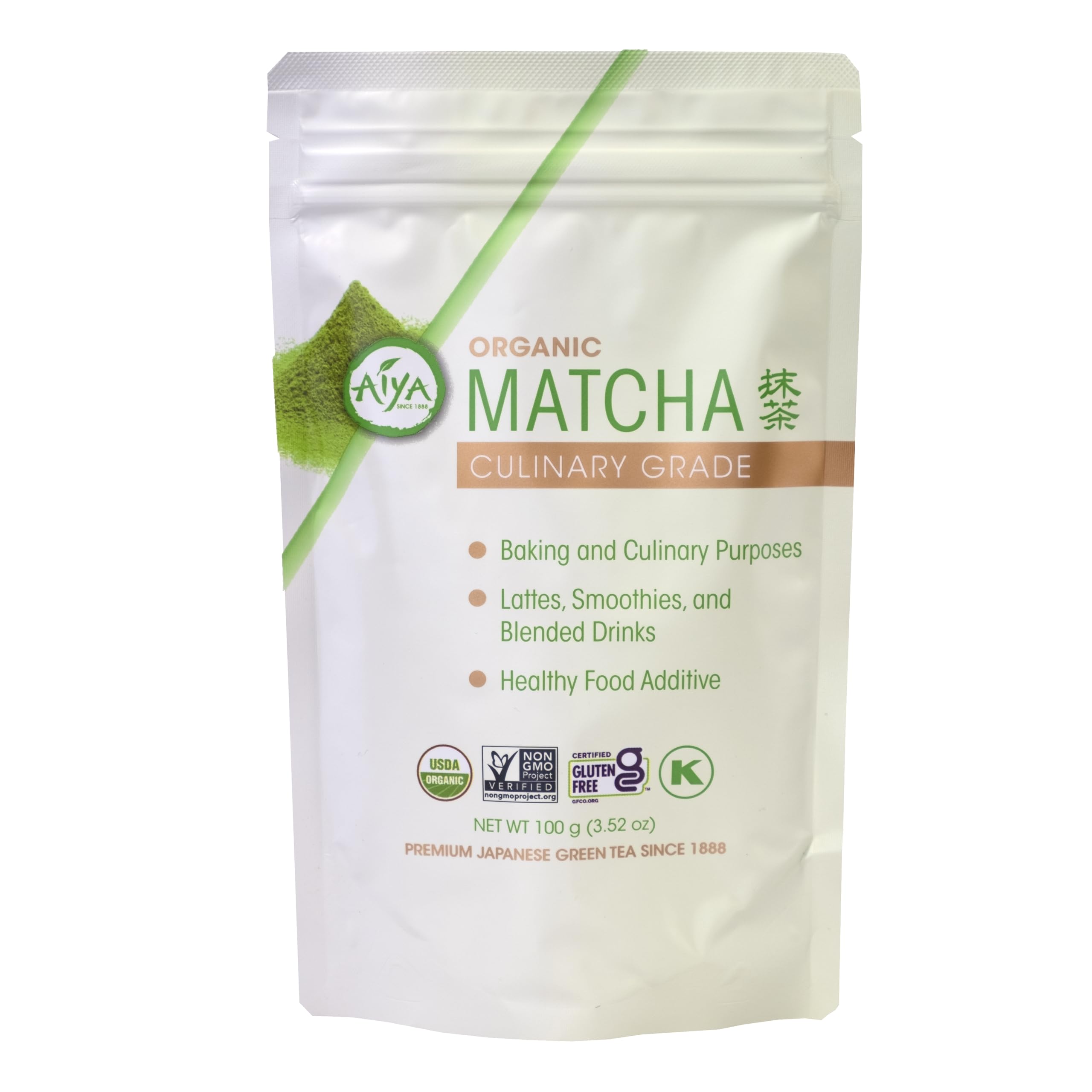 Aiya Certified USDA Organic Culinary Grade Matcha Green Tea Powder - Ideal for Baking, Lattes, Smoothies - Gluten-Free & Non-GMO - 100g Bag (3.52 oz)