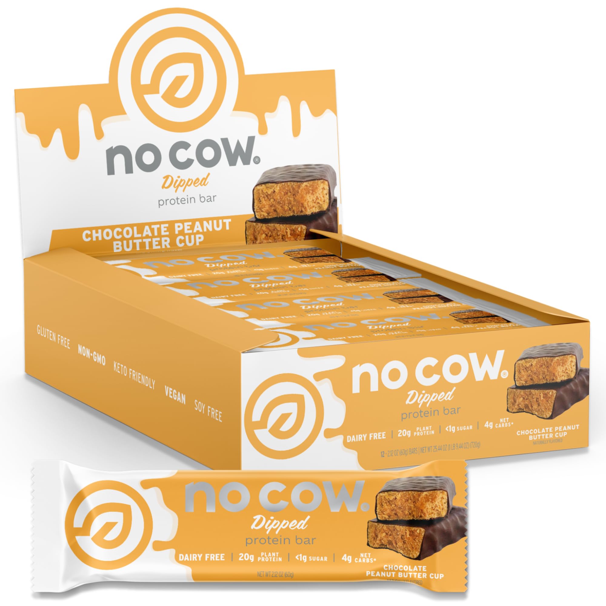No Cow Chocolate Peanut Butter Cup Vegan Protein Bars, 12 Pack | 20g High Plant-Based Protein, High Fiber, Low Sugar, Gluten-Free, Dairy-Free, Soy-Free, Keto-Friendly Snack Bars