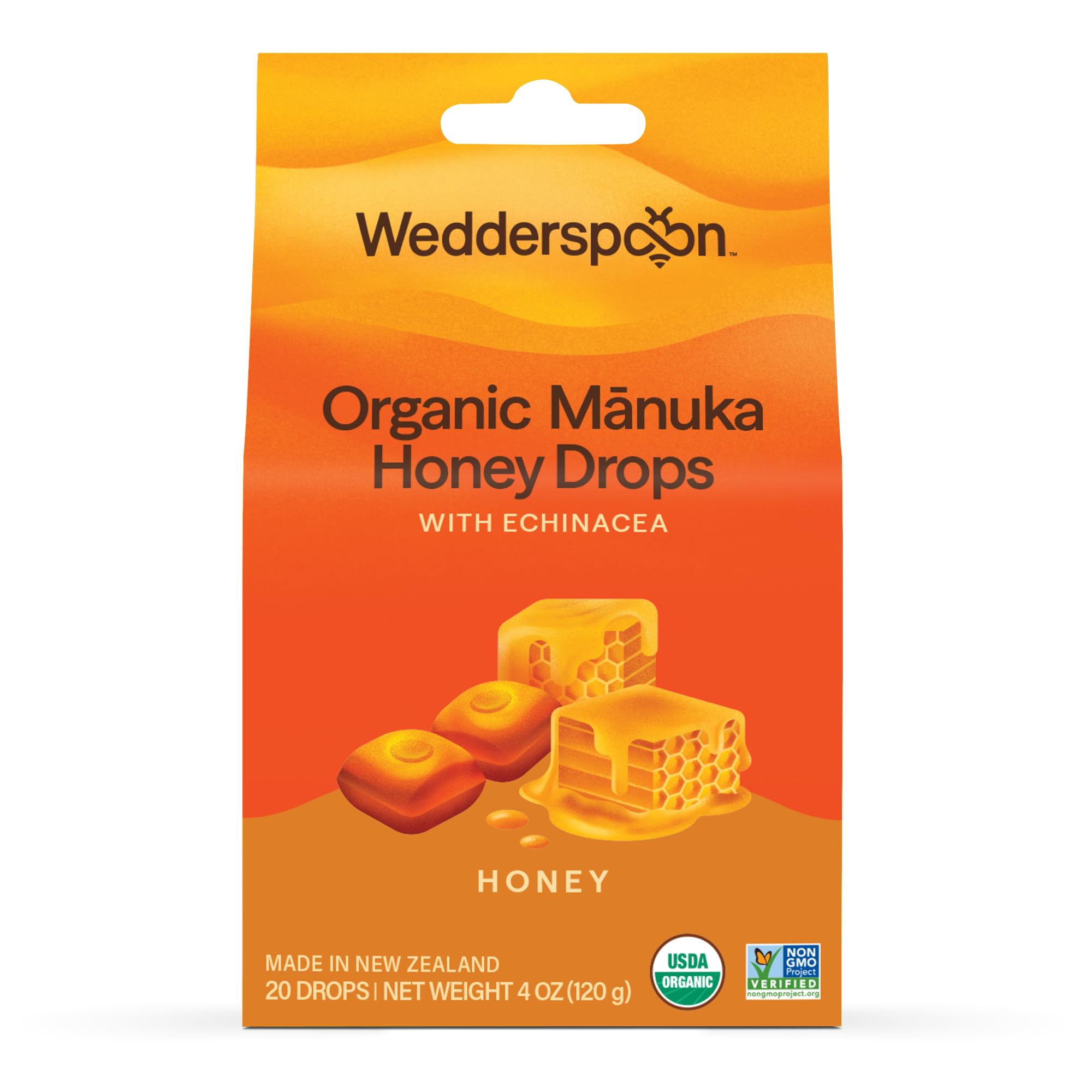 Wedderspoon Organic Manuka Honey Drops, Honey & Echinacea, 20 Count | USDA Organic, Genuine New Zealand Honey, Natural Remedy for Dry Throat
