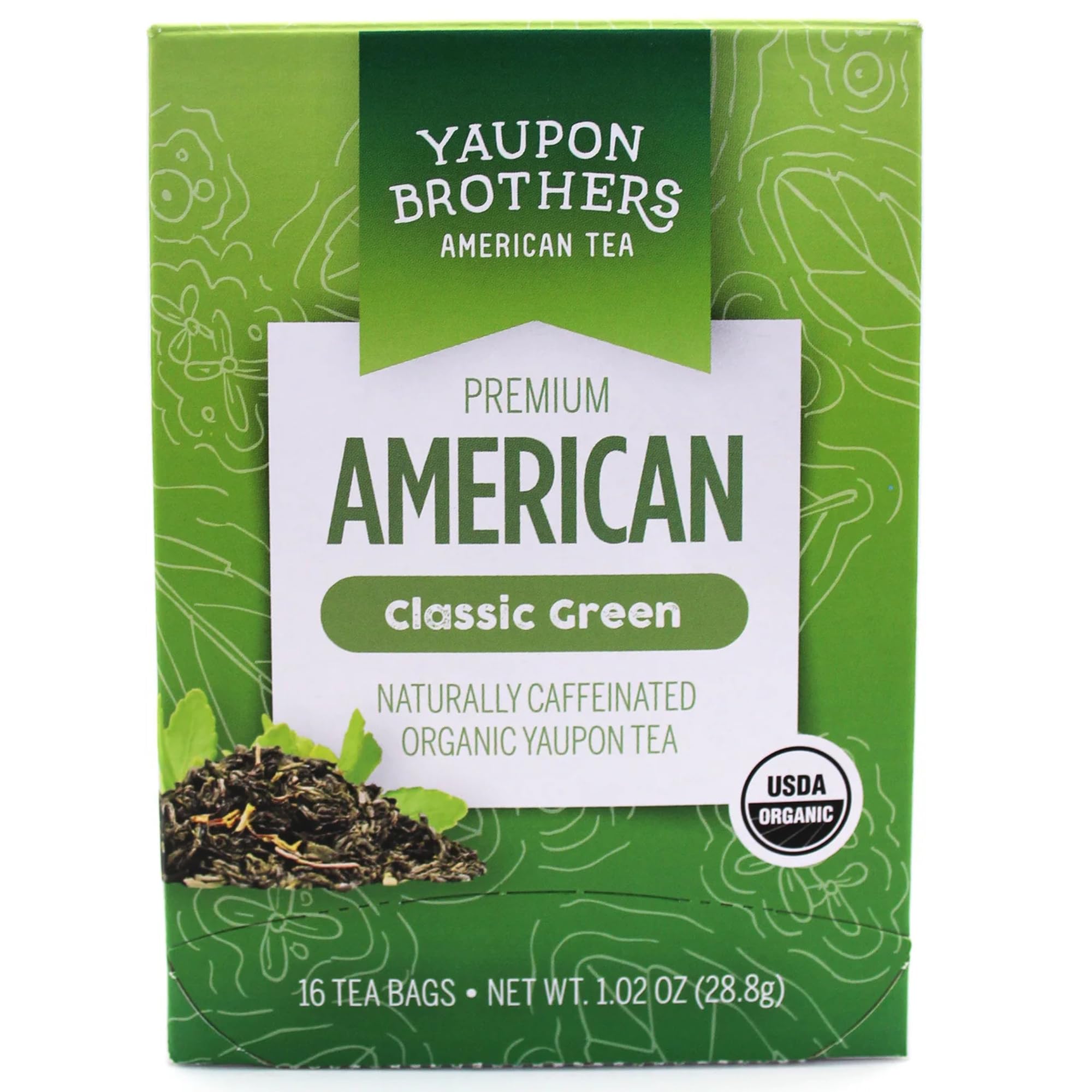 Yaupon Brothers American Green Yaupon Tea, Organic, 16 Tea Bags | Smooth American Green tea, USDA Organic, 60mg Caffeine, Jitter-Free, 30% More Antioxidants than Green Tea, Florida Grown