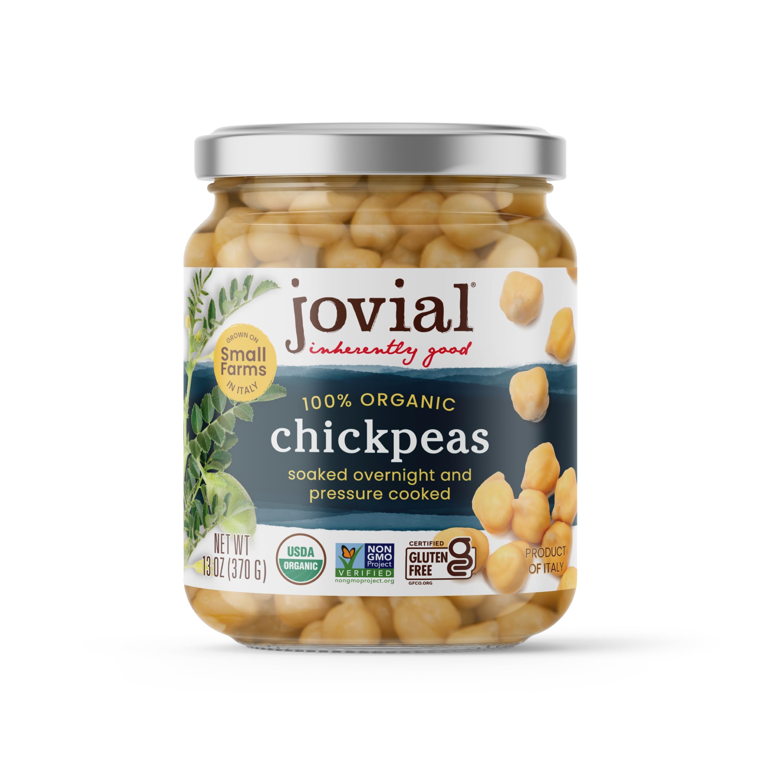 Jovial 100% Organic Chickpeas, Chickpeas, No Saturated Fat, 13 Oz | Gluten Free, Recyclable Glass, Great Source of Fiber, No Additives or Preservatives, Product of Italy