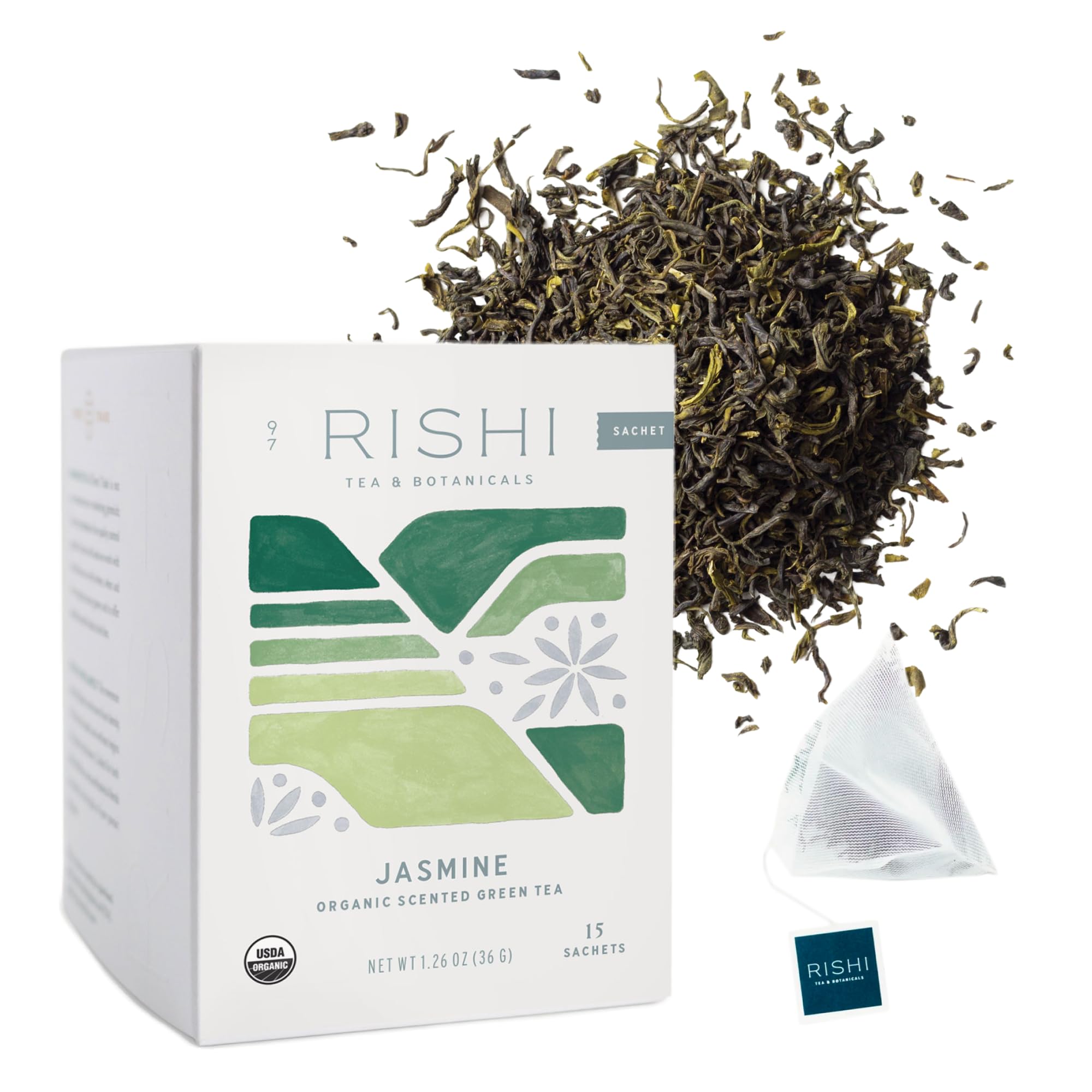 Rishi Tea Jasmine Organic Chinese Green Sachet Tea Bags, Caffeinated, 15ct | Floral Aroma and Taste, Jasmine Flower, Calm, Sustainable, 15 Servings